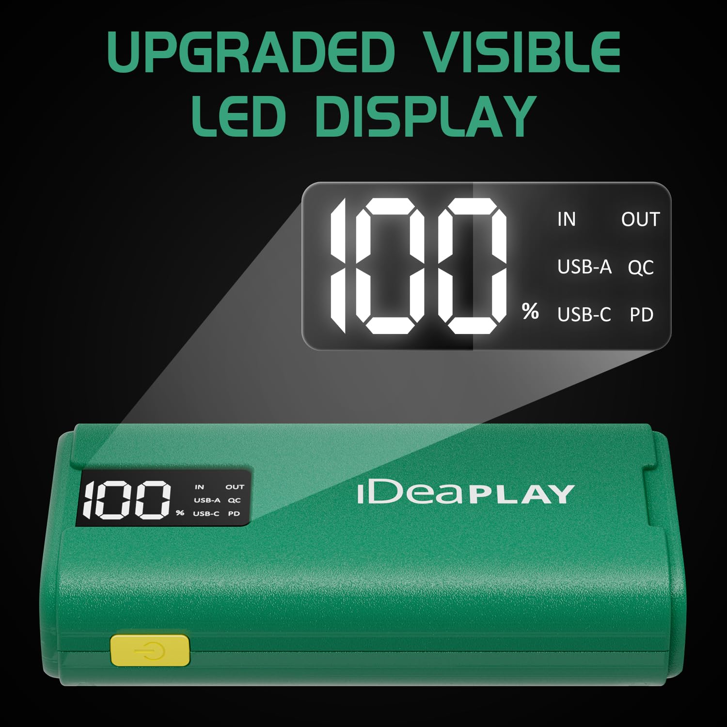 IDEAPLAY J10 2000A Jump Starter, 12V Portable Battery for 8.0L Gas & 7.0L Diesel, Fast Charging, LED Flashlight, Green