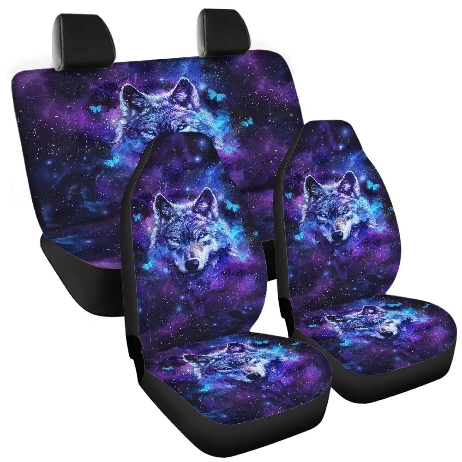 Tomeusey Car Seat Covers Front Cushion Covers and Split Rear Bench Seat Protectors for Vehicle, Wolf Butterfly Universal Auto In