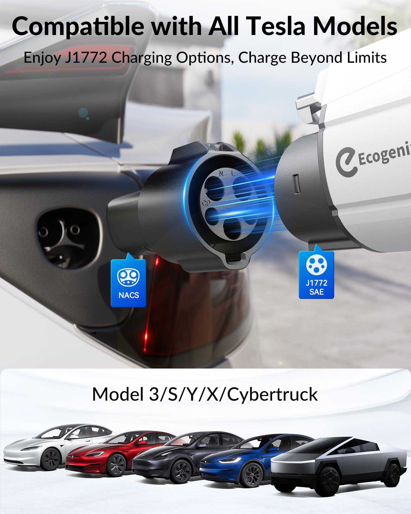 Ecogenix J1772 to Tesla Charger Adapter, Max 80A, Polycarbonate, Black, Model AusC17B - Fast & Safe Charging for Tesla Models