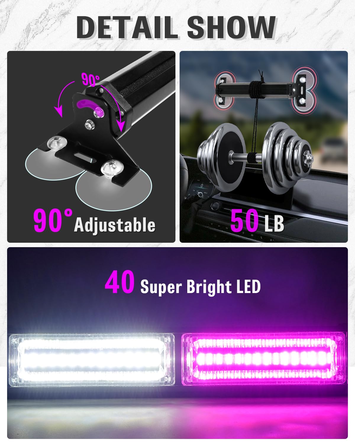 Hlauto 1002L Emergency Strobe Traffic Advisor Light Bar: 40 Led Dash Safety Warning Flashing Light, Front/Rear Windshield For Co