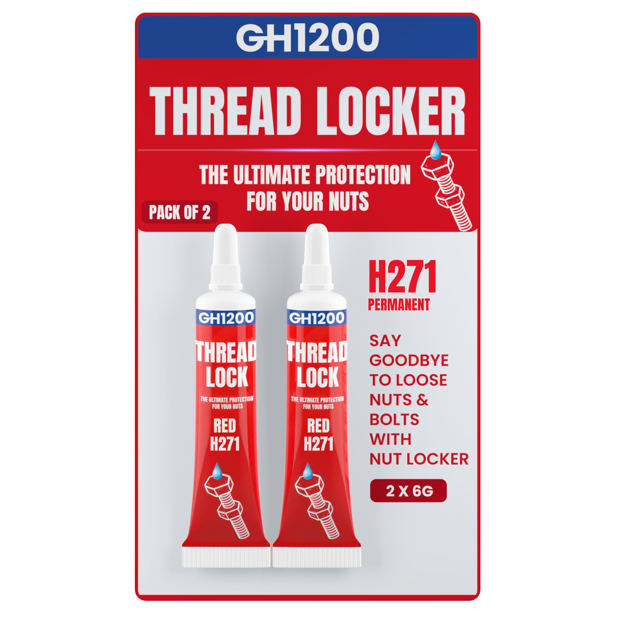 Gh1200-6 Gram X 2 Pack Red Thread Lock Strong Strength For Nuts, Bolts, And Metals - Threadlocker Lock Tight & Seal Fasteners Wi