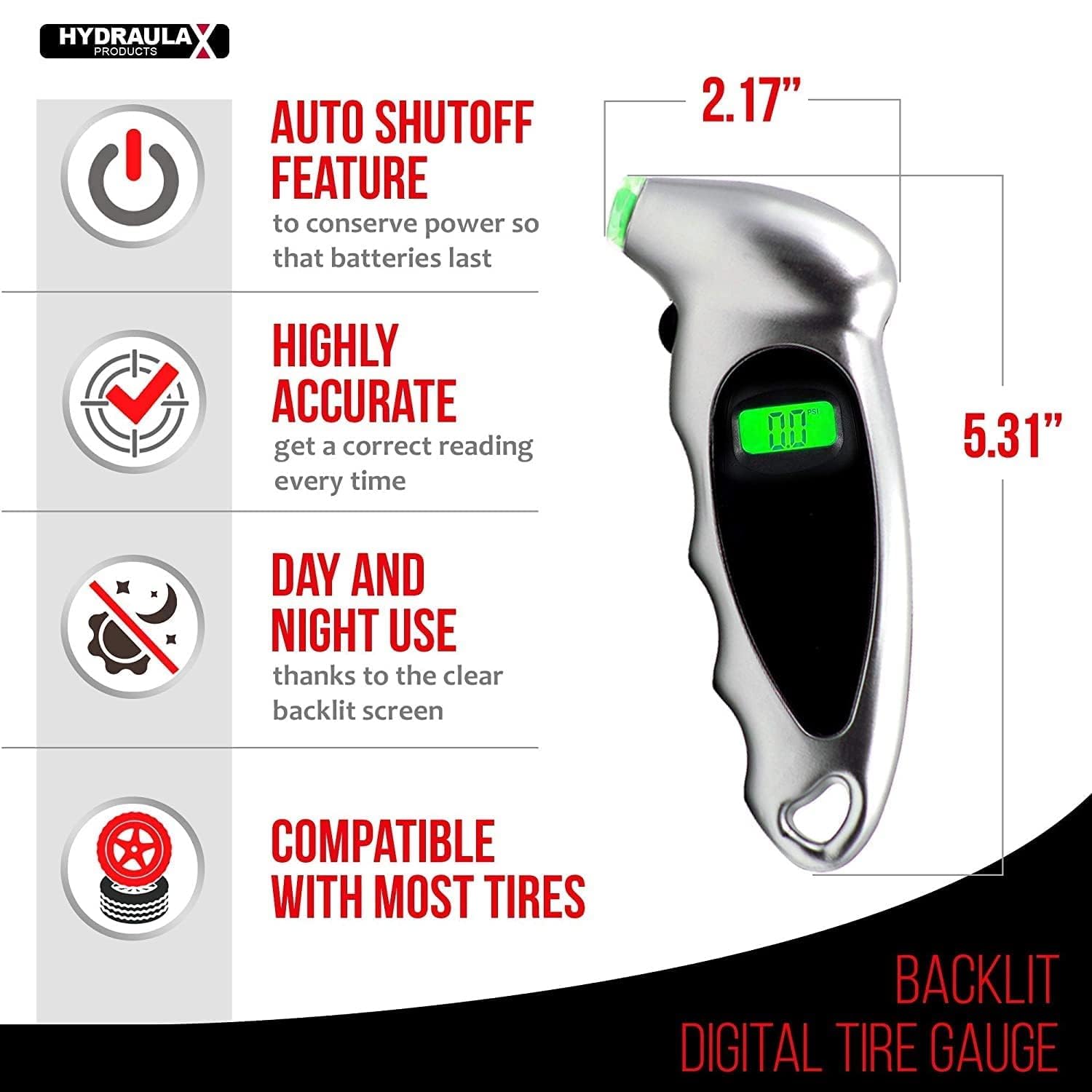 Digital Tire Pressure Gauge - Backlit Air Measurement Checker Tool For Bikes, Cars, Trucks - By Hydraulax