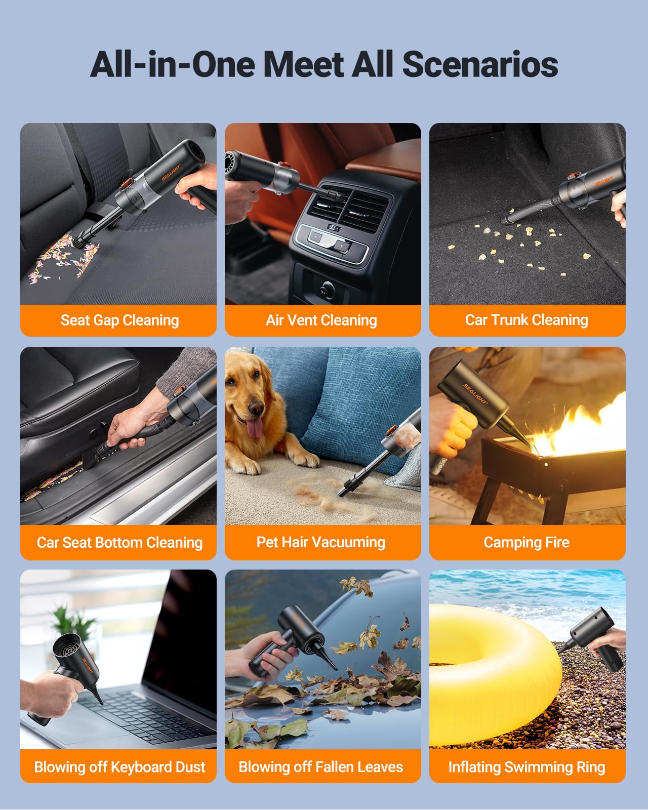 Sealight Car Vacuum Portable Cordless, 22000Pa Mini Vacuum Cleaner And Air Duster, 4 In 1 Hand Held Vacuum With Car Accessories,