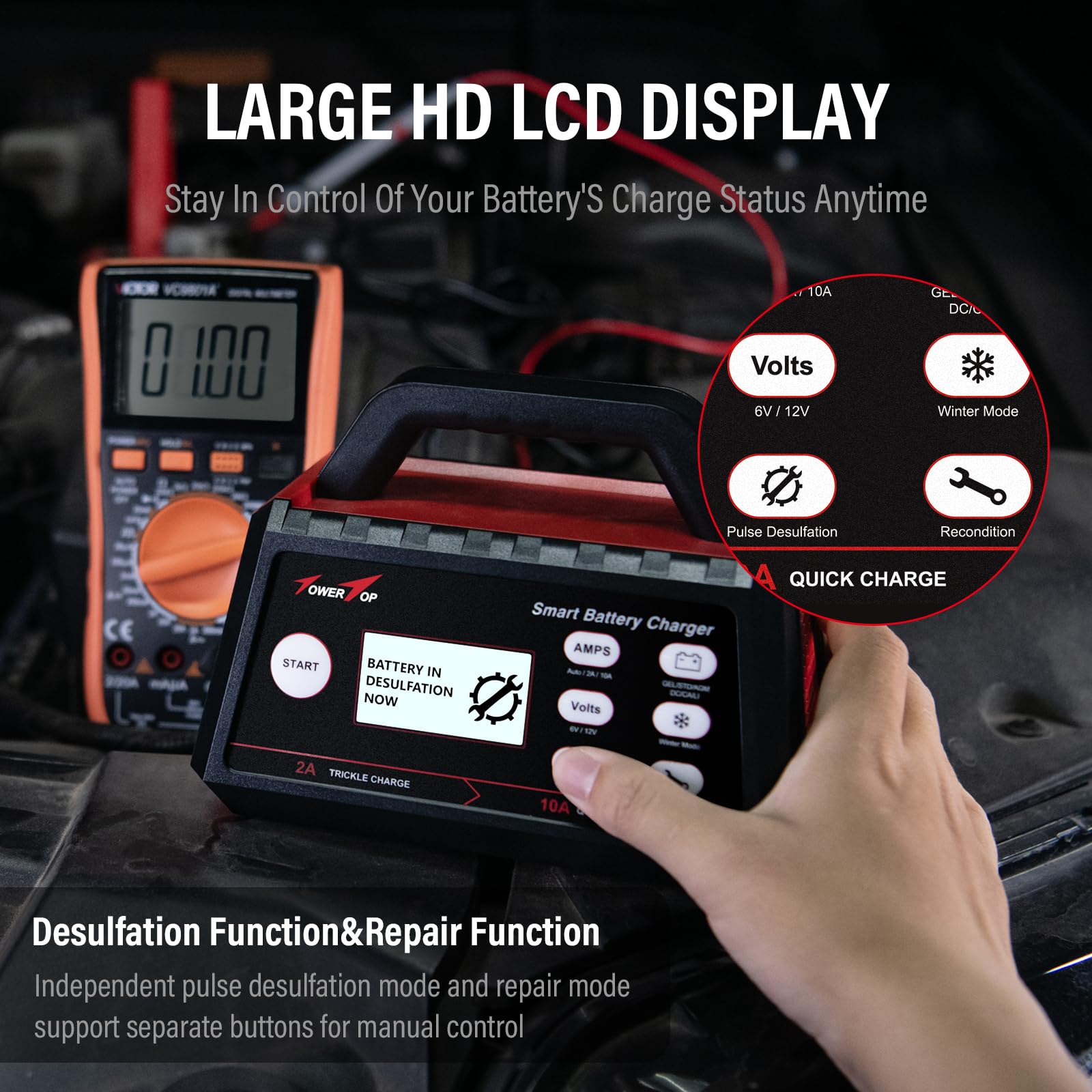 Towertop Smart Car Battery Charger: 10A Battery Chargers 6V/12V Boat Battery Chargers With Auto Desulfator, Repair, Maintainer,
