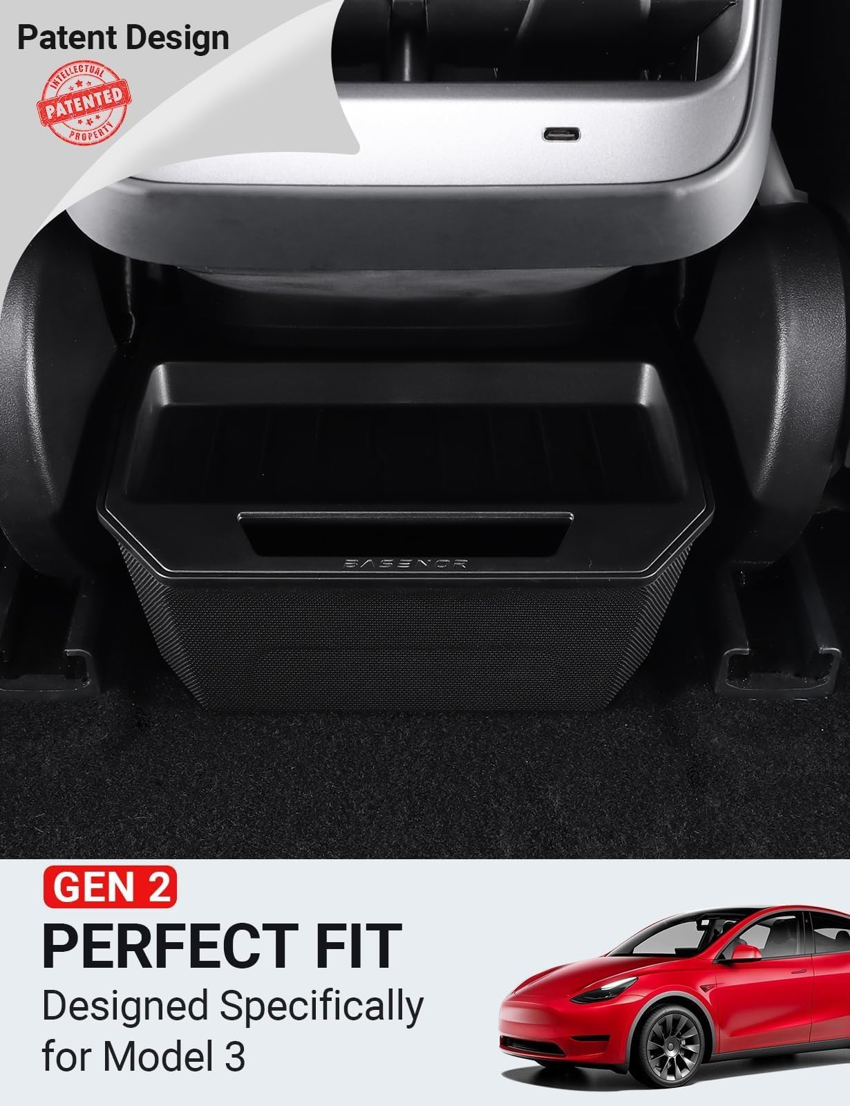 Basenor 2025 Upgrated Model 3 Trash Can, Rear Center Console Organizer Tray, Backseat Storage Box With Lid Cover For 2017-2023 M