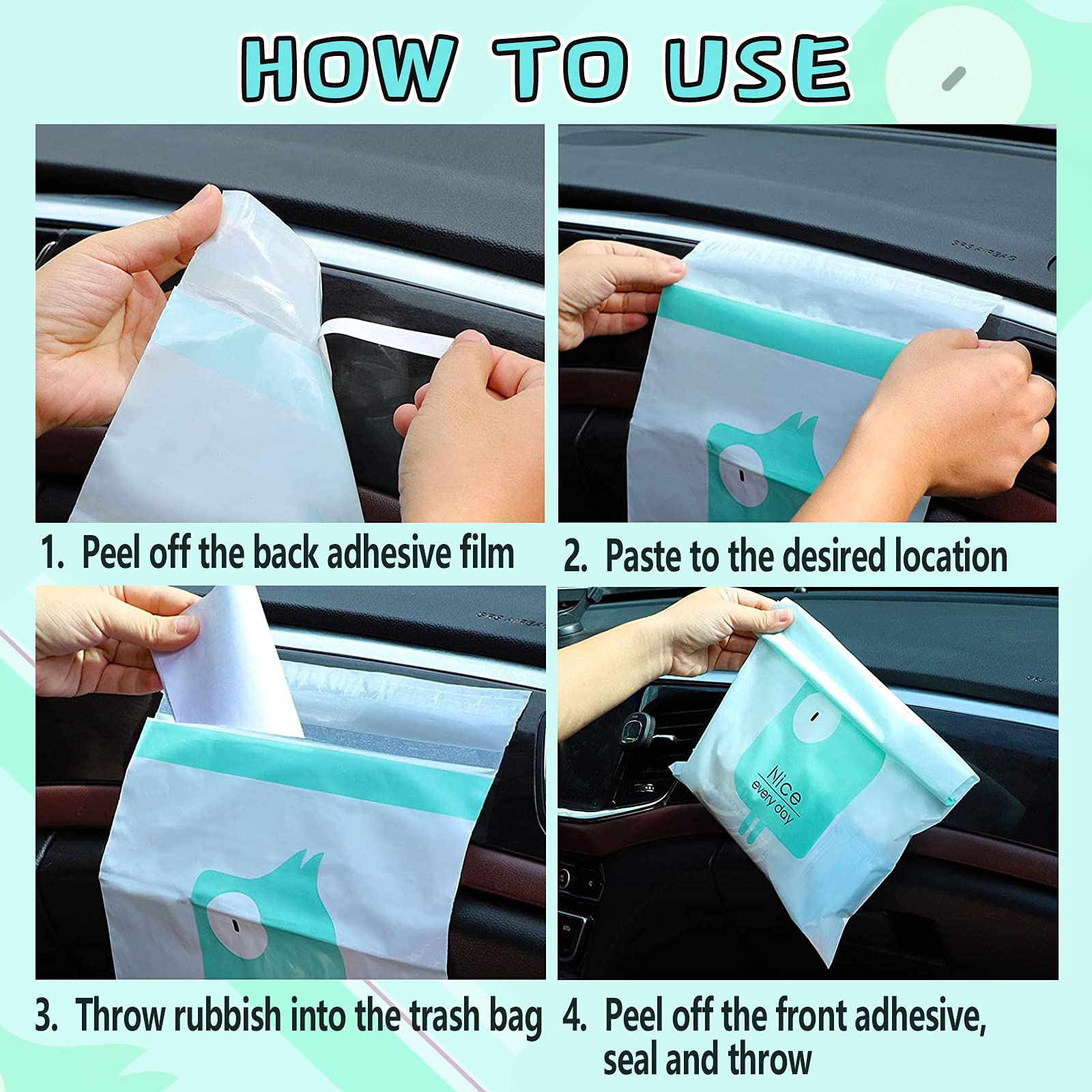 92Pcs Car Trash Bags Easy Stick-On Disposable Portable Car Garbage Bags, Waterproof Leak Proof Barf Vomit Bags, Self Adhesive Cl