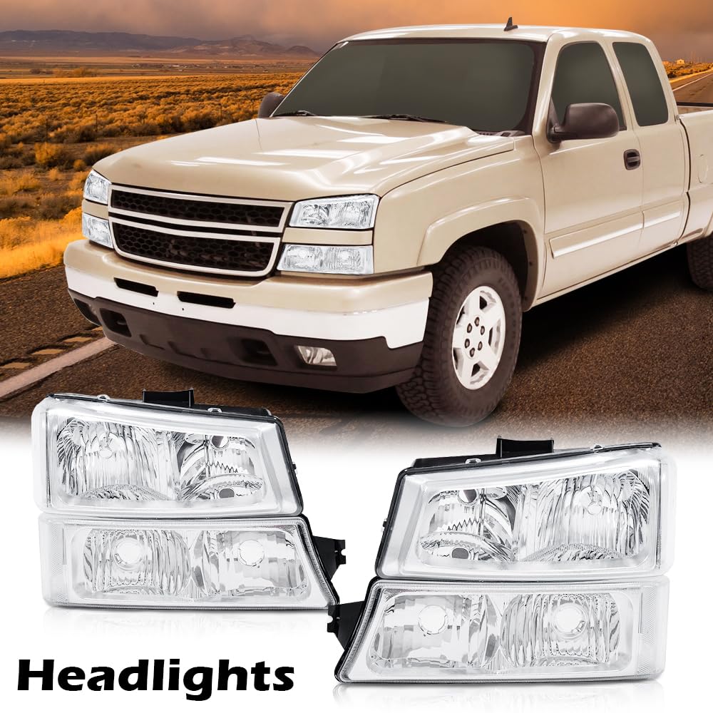 G-Plus Headlights Compatible With Chevy Silverado/Avalanche 1500 2500 2003 2004 2005 2006 Bumper Headlamp, Clear Lens Chrome Hou