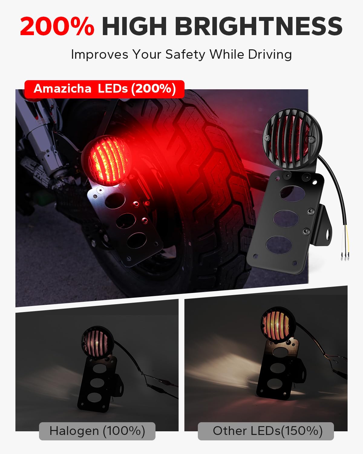 Amazicha Motorcycle Brake Tail Light 3/4'' Side Mount License Plate Bracket LED Rear Light Compatible for Harley Sporster Bobber