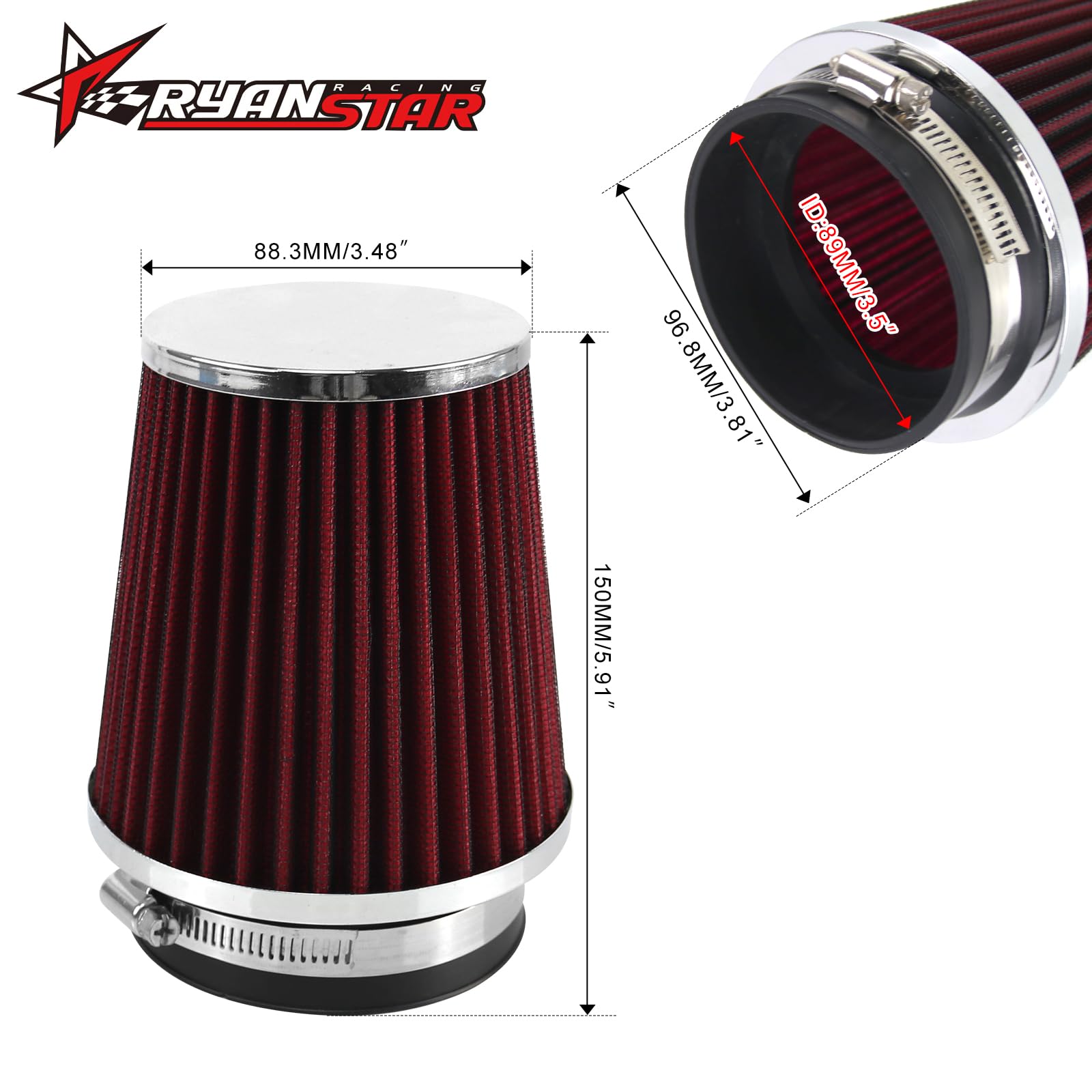 RYANSTAR RACING 89mm 3.5'' High Flow Round Tapered Cone Closed-Top Washable Clamp-On Dry Air Filter Narrow