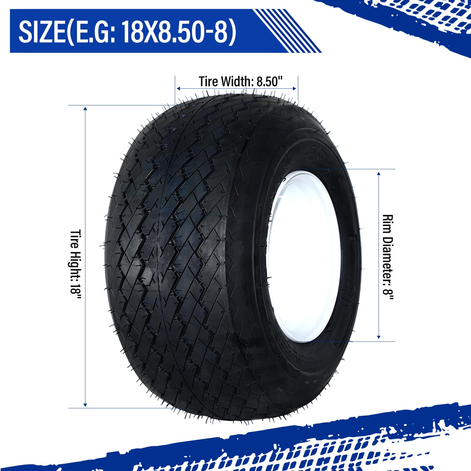 MOTOOS 18x8.50-8 Golf Cart Tires & Rims 18x8.5x8 Lawn Mower Tires 4 Ply Load Range B 4 Lug 4'' Center, 2.83'' Center Bore,White