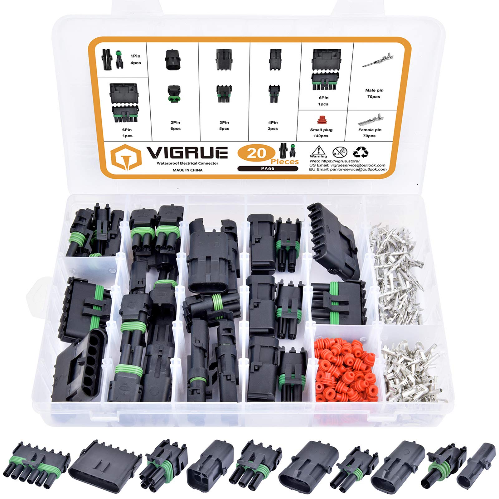 Vigrue 20 Sets 1/2/3/4/6 Pin Connector Weatherpack Connectors Kit, Waterproof Automotive Electrical Wire Connectors Plug Kit