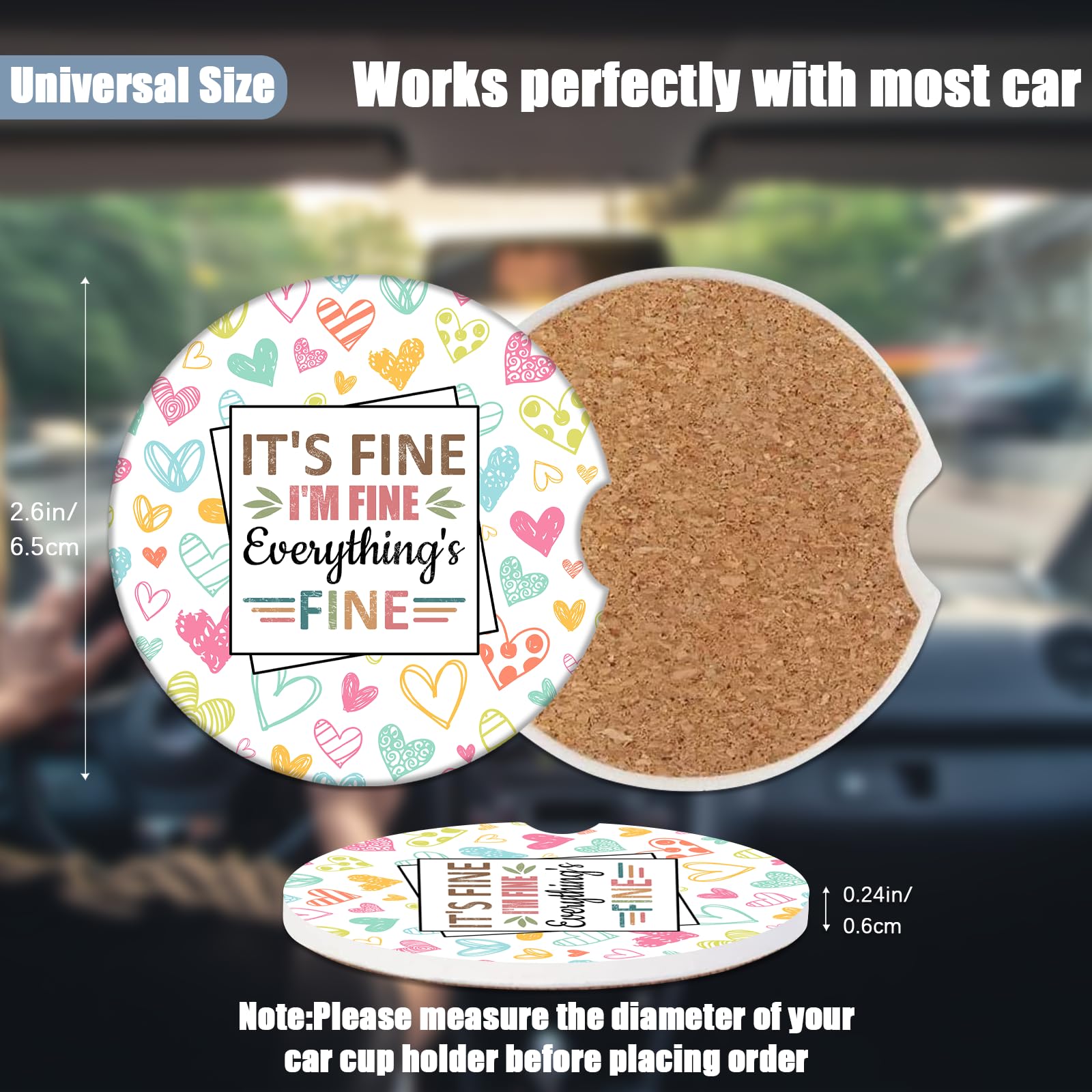 I'm Fine Car Cup Holder Coaster - Colorful Heart Absorbent Ceramic Coaster, Car Coasters for Cup Holders, Auto Accessories for W