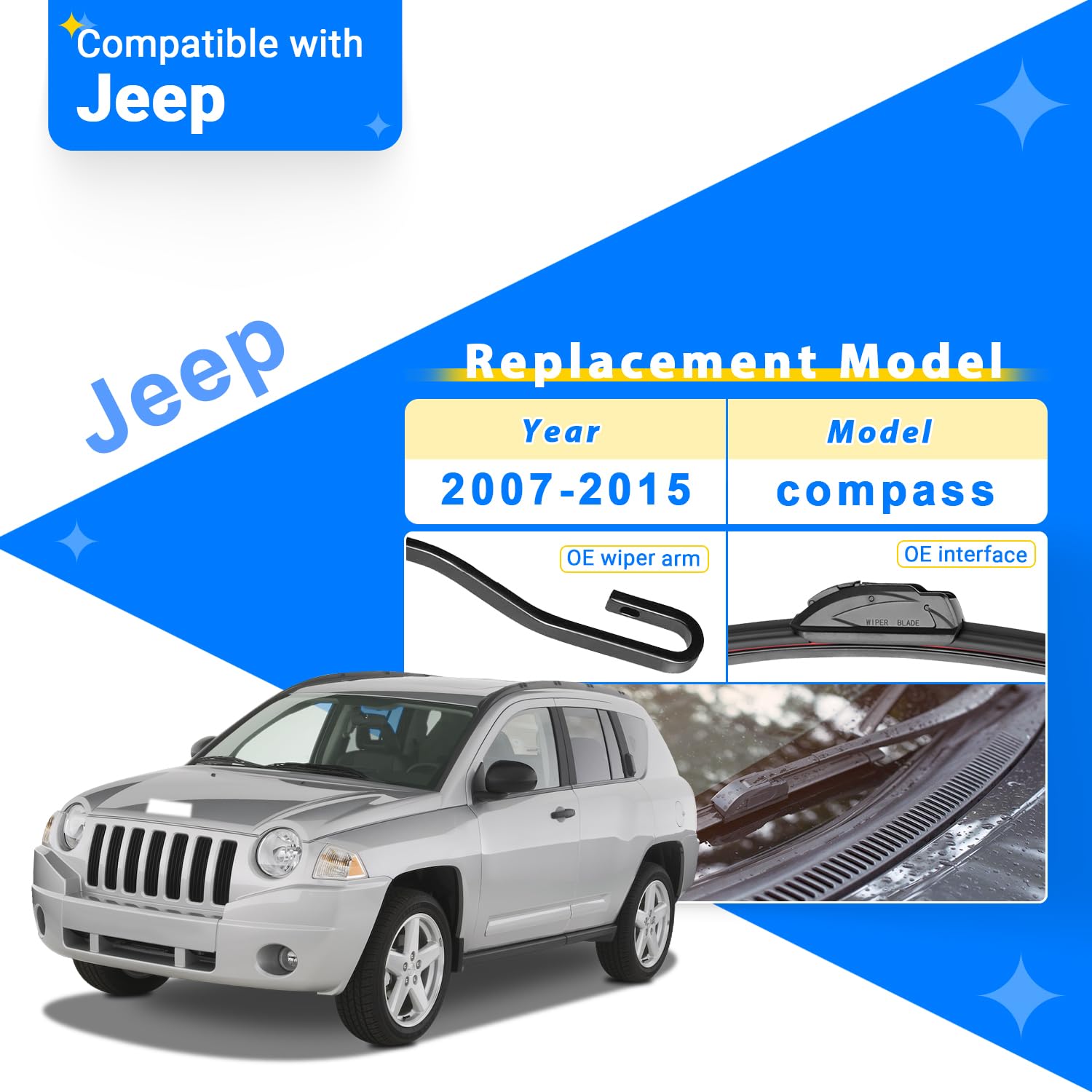 Raintok Windshield Wiper Blade Set Replacement For 2007-2016 Jeep Compass Original Equipment Replacement Front Rear Wiper Blades