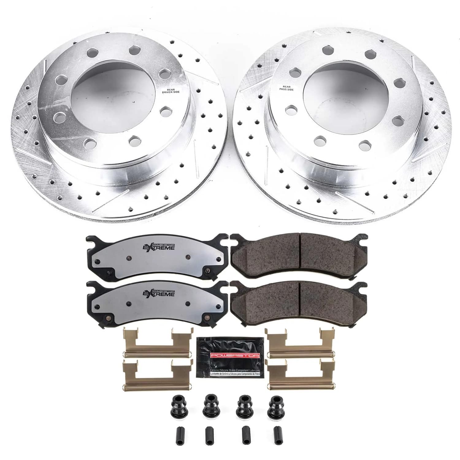 Power Stop K2041-36 Rear Z36 Truck & Tow Brake Kit, Carbon Fiber Ceramic Brake Pads With Drilled And Slotted Brake Rotors For Chevy Silverado 2500 | Gmc Sierra 2500 Sierra 3500 Yukon Xl 2500 8 Lug