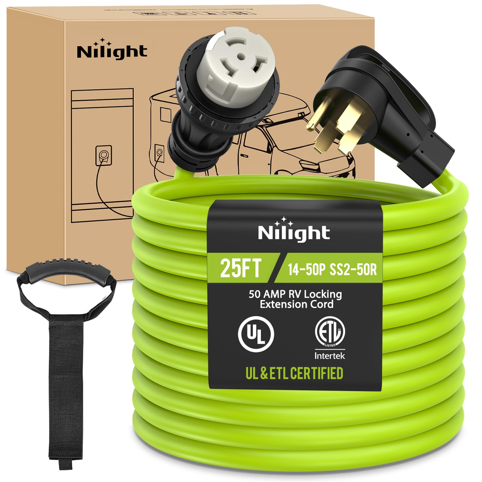 Nilight 25Ft 50 Amp Rv Locking Extension Cord 250V Heavy Duty 6/3+8/1 Gauge Pure Copper Stw Wire Ul Etl Listed 4 Prong 14-50P Ss