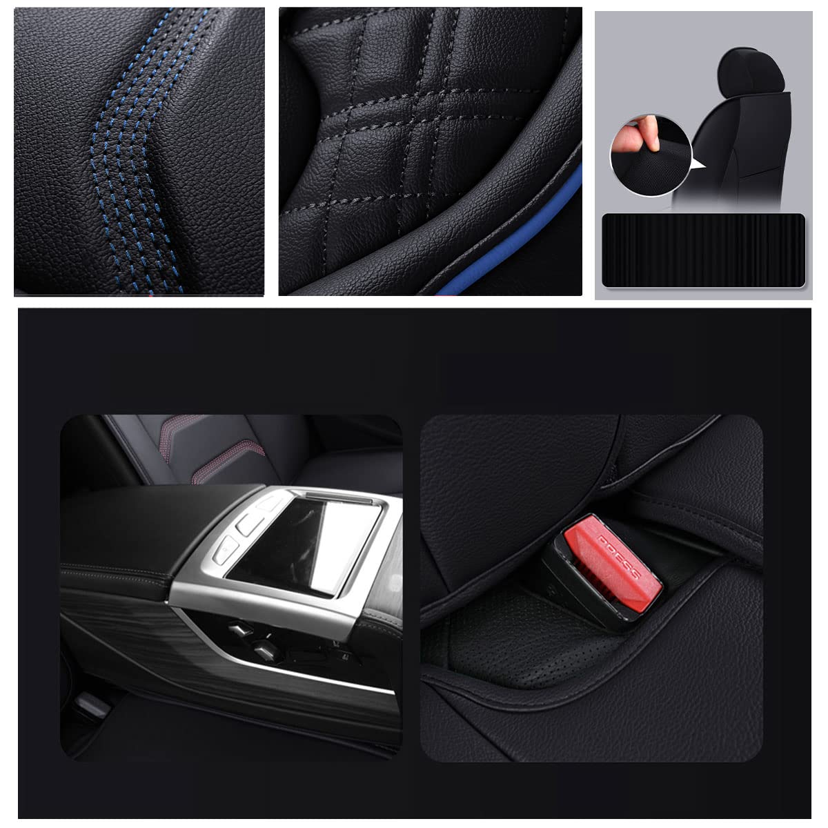 YXQYOEOSO Leather Auto Car Seat Covers Full Set for 5 Seats, Universal Fit, Black & Blue, Model YOEOSO2021A