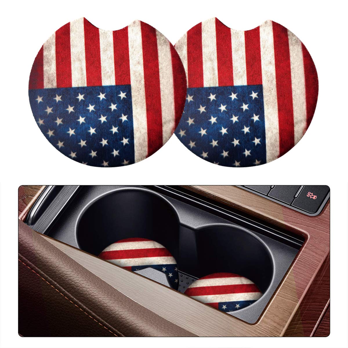2 Pack Car Coasters For Drinks Absorbent - 2.75 Inch Cute Car Cup Holder Coasters For Women, Removable Cup Holder Coaster For Your Car, Car Interior Accessories For Women & Girls (Red Flag)