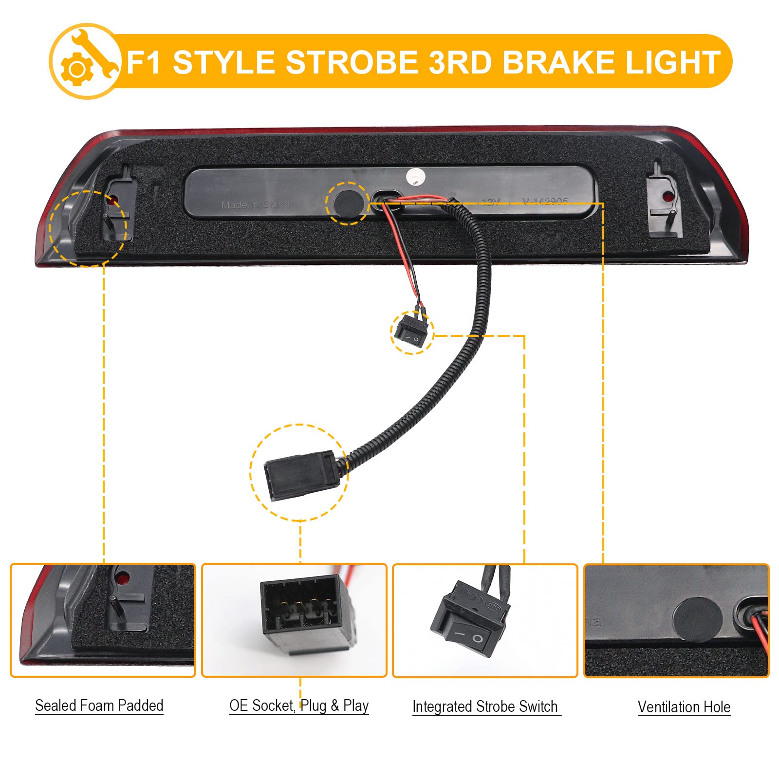 R&F Auto Led Strobe High Mount Brake Light Replacement For Ram 1500 2500 3500 (2002-2008), For Ram 2500 3500 (2009) Third Brake Lamp With Seal Foam Gaskets F1 Style Red Flash Red White Lens