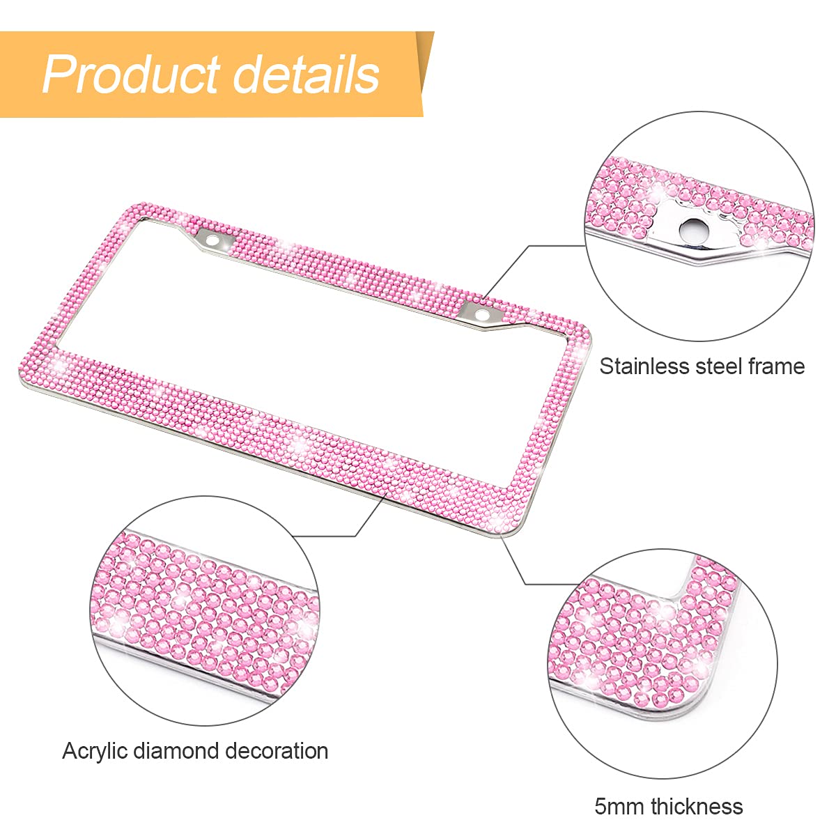 Bling Car License Plate Frame, Handcrafted Crystal Stainless Steel, Sparkly, Durable, Universal Fit, Car Accessories For Girls,