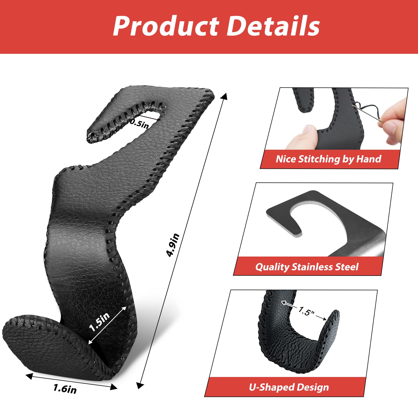 Etre Jeune Purse Hook For Car, Car Purse Holder Headrest Hook Vehicle Leather Storage Hook For Hanging Purses And Bags, 2 Pack Black