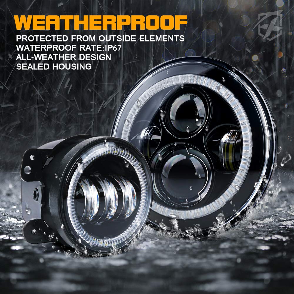Xprite 7 Inch 90W Led Headlights & 4 Inch 60W Fog Lights Combo W/White Halo Lights Compatible With 2007-2018 Jeep Wrangler Jk, D
