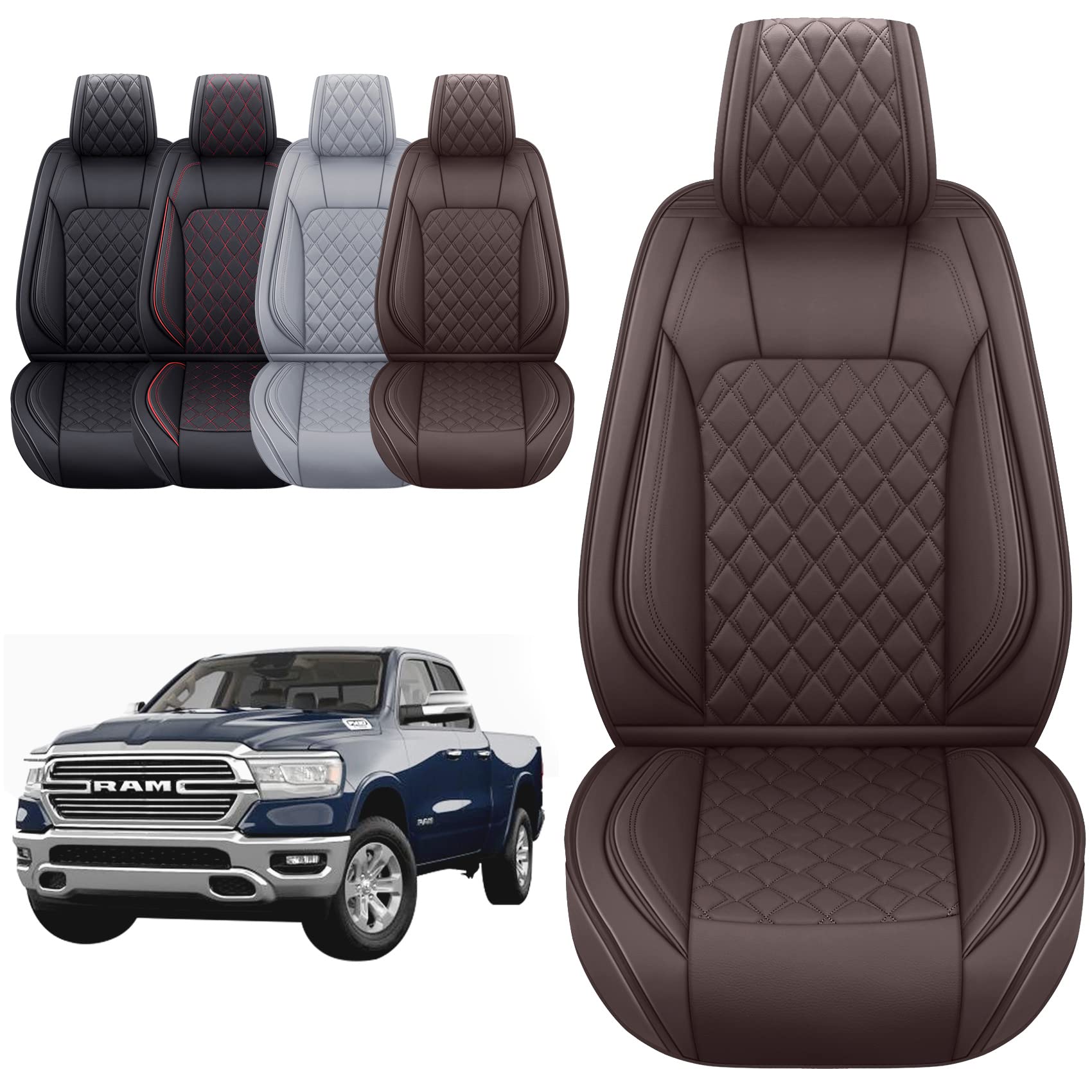 Aierxuan Seat Covers For Dodge Ram Custom Fit 2009-2023 1500 2500 3500 Truck Pickup Crew Quad Regular Cab Waterproof Leather Airbag Compatible Cushion(2 Pcs Front/Brown)