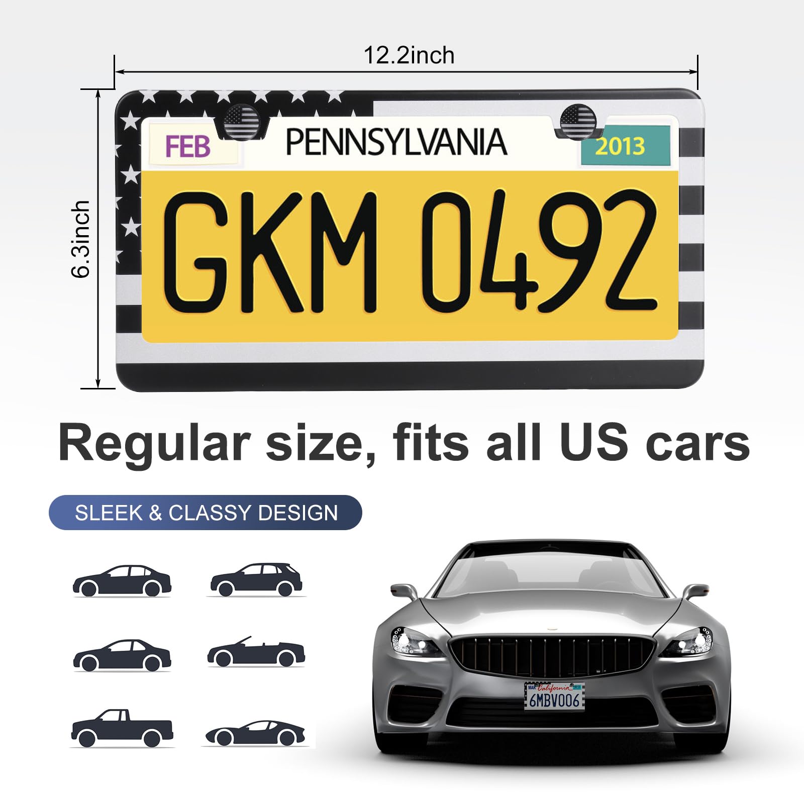 Quanqiufei 2 Pack License Plate Frames, Stainless Steel Car License Plate Cover Car Accessories With Screw Caps (Grey And Black)