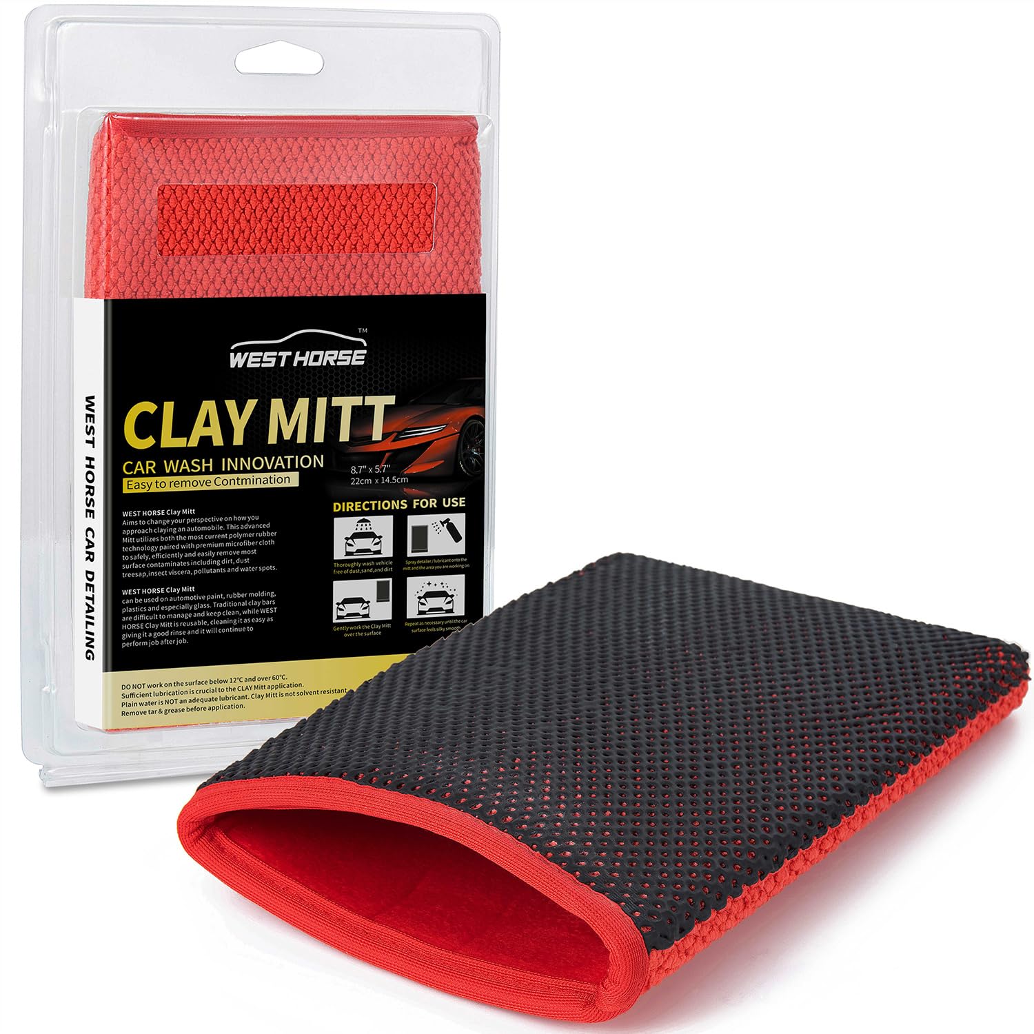 WEST HORSE Clay Mitt for Car Detailing, Auto Detailing Clay Bar Infused Mitt, 1Pc Red Car Detailing Glove Clay Mitt for Paint, G