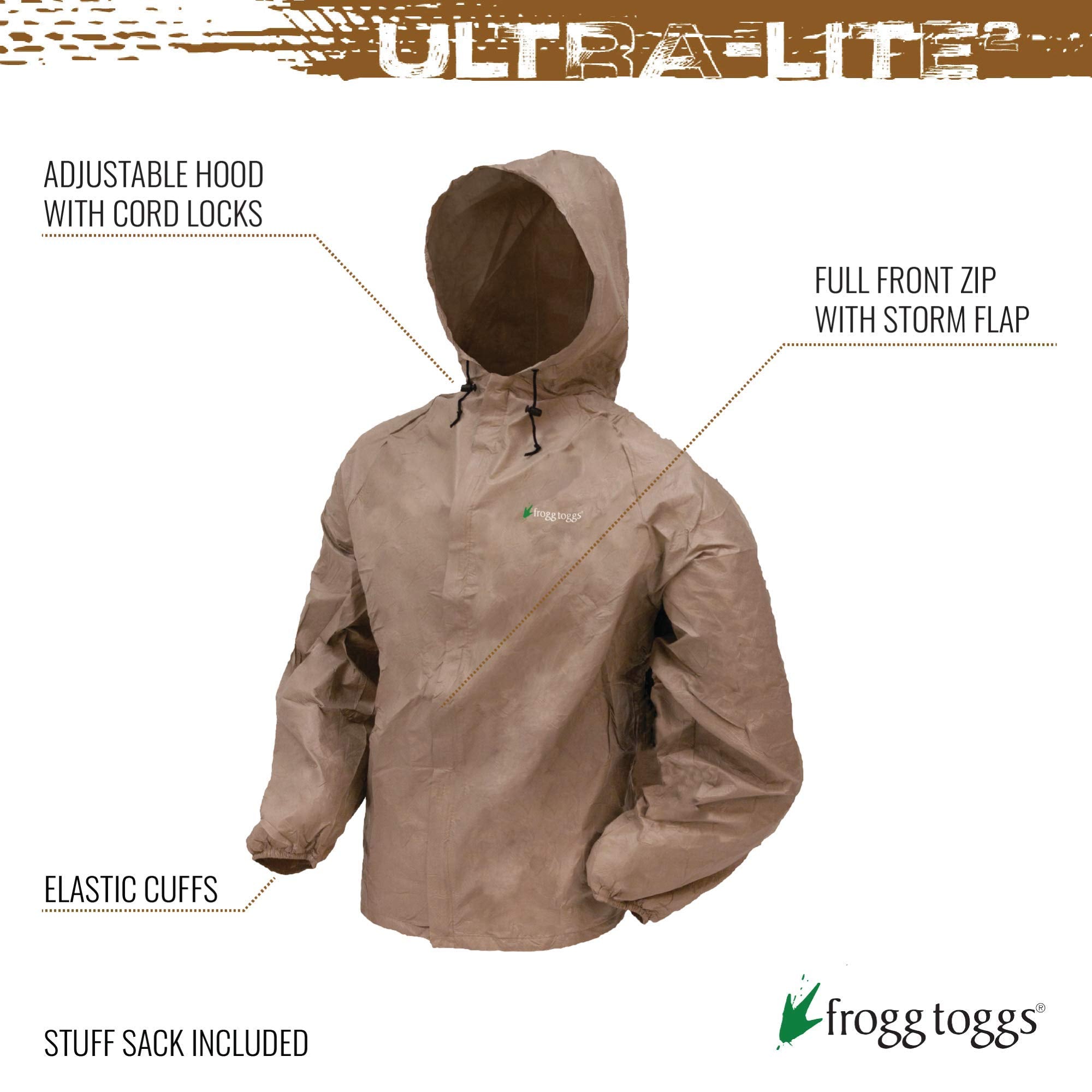 Frogg Toggs Mens Ultra-Lite2 Waterproof Breathable Rain Jacket,Khaki