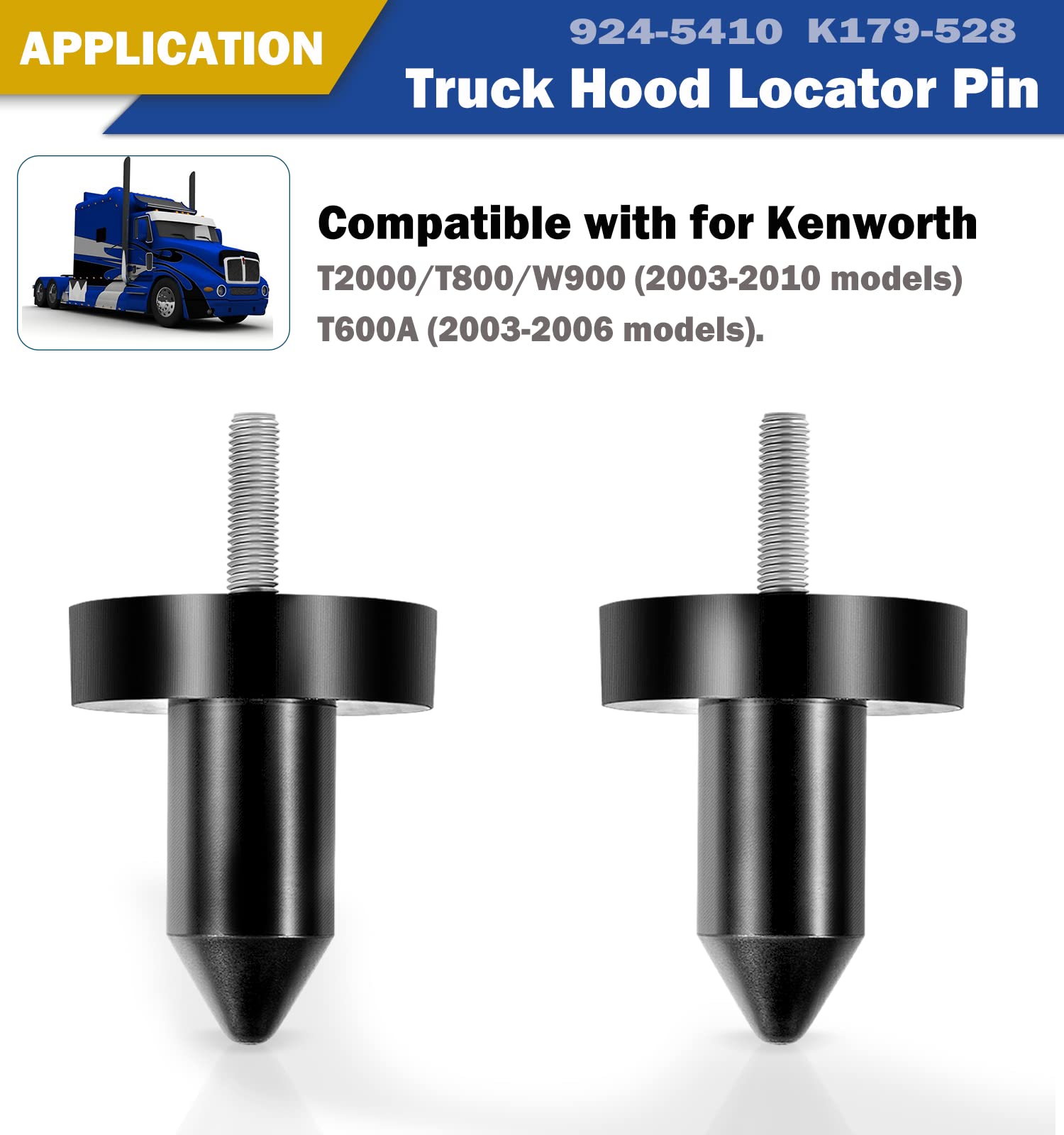 (Set of 2) 924-5410 Hood Pin Poly Kit for Kenworth T2000, T400, T440, T450, T470, T600, T600A, T660, T800, W900 Exterior Hood Mo