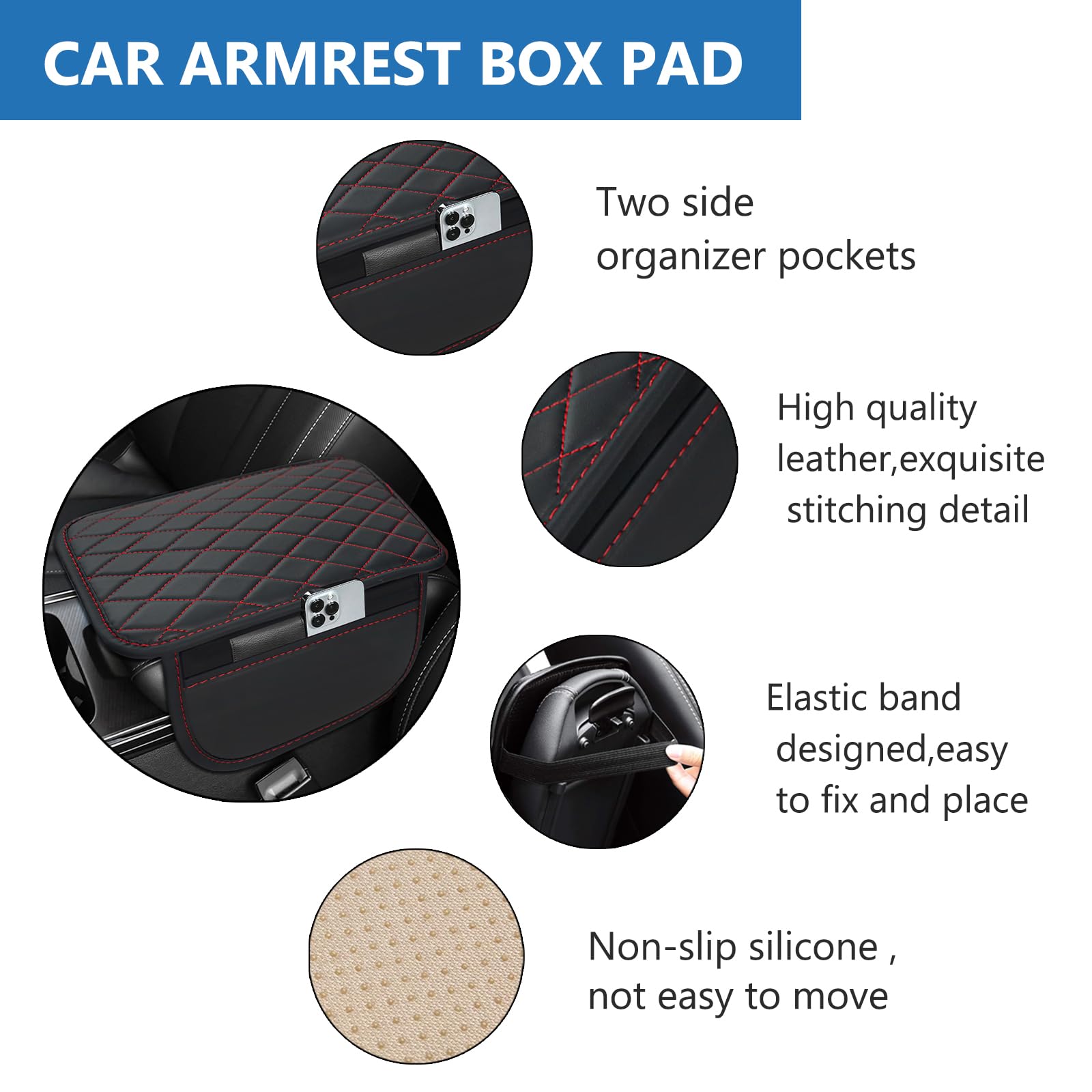 Car Center Console Cover Leather Armrest Cover Cushion With 2 Storage Bags Universal Car Armrest Seat Box Pad Car Interior Acces