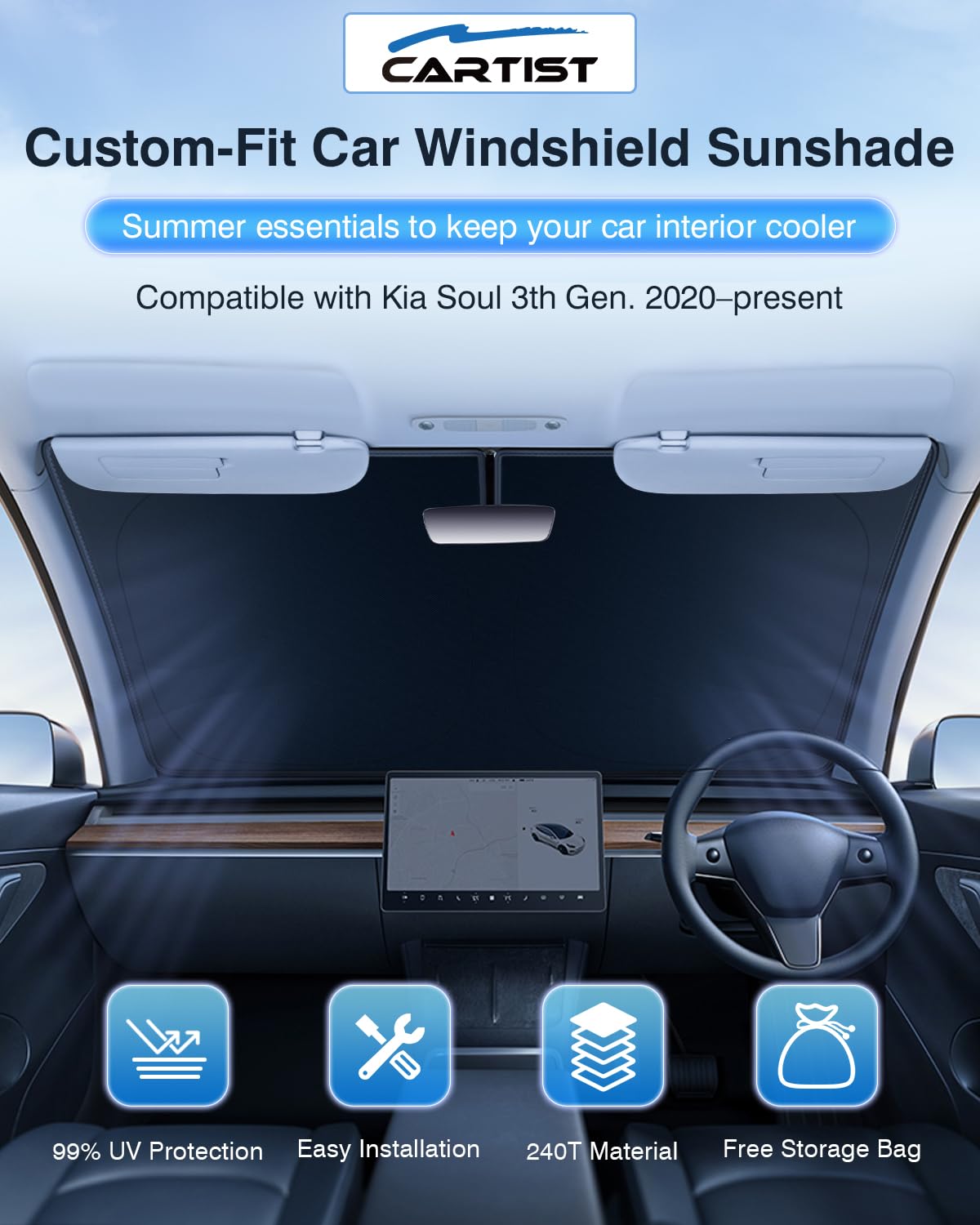 2024 New 5-Layer Windshield Sun Shade Custom Fit For Kia Soul 2020-2024 2025 Accessories Foldable Car Front Window Sunshade Sun