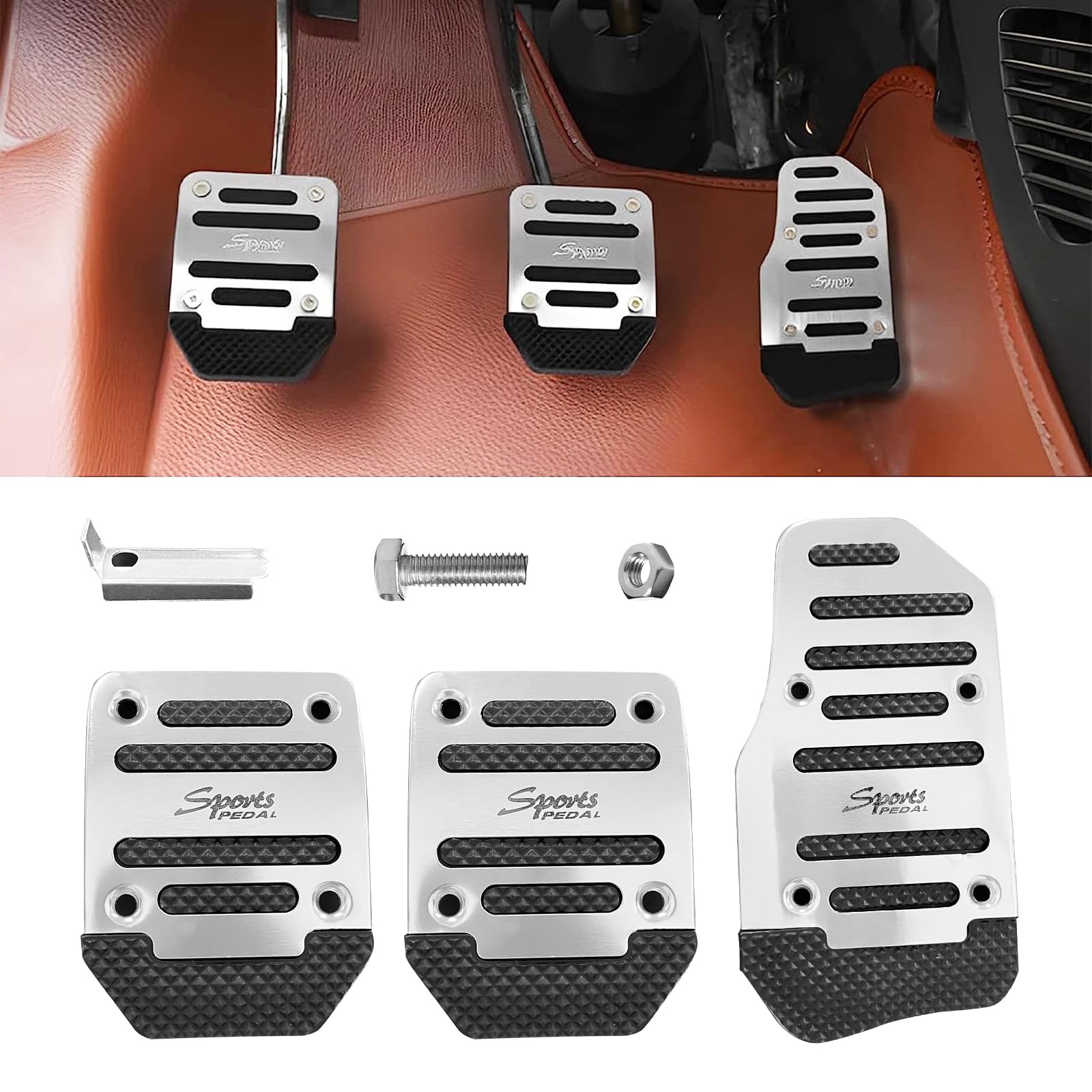Ziciner 3PCS Non-Slip Car Pedal Pads, Manual Gearbox Gas Pedal Brake Pedal Cover, Aluminum Alloy Brake Gas Clutch Pedal Kits, Un