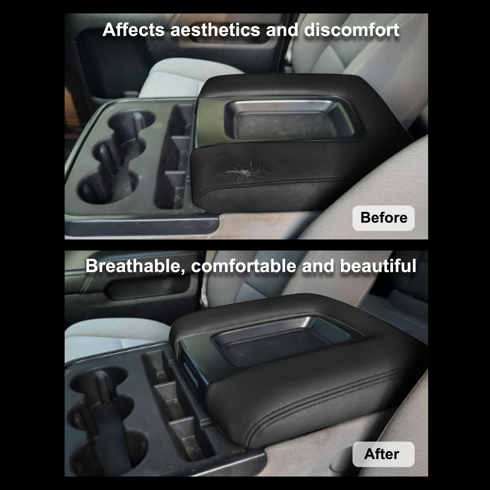 Secosautoparts Black Leather Center Console Leather Lid Armrest Cover Replacement Compatible With Chevy Silverado Gmc Sierra 2014 2015 2016 2017 2018 Black Made By Quality Automotive Pvc Leather