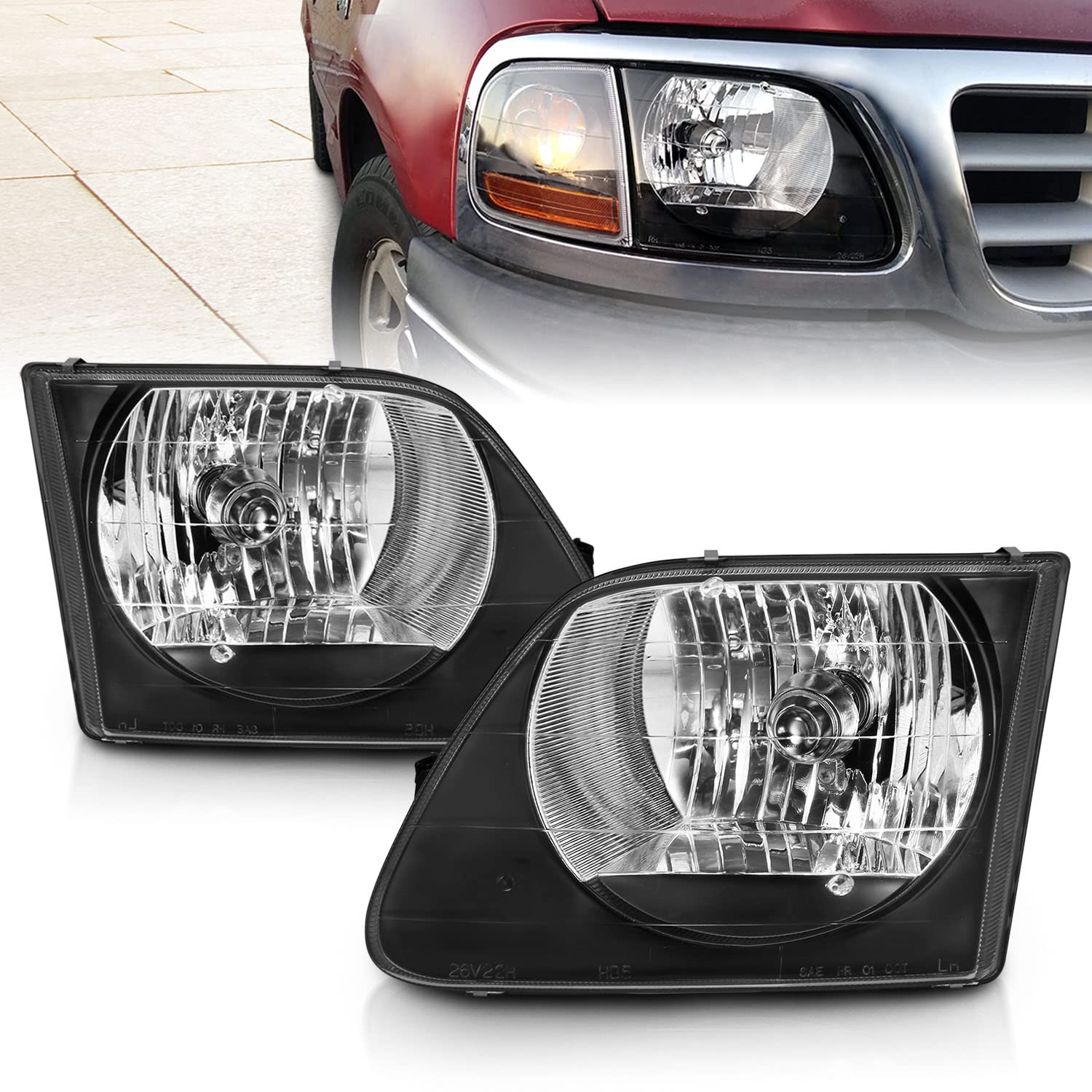 Amerilite G2 Black Main High/Low Beam Replacement Headlights For 1997-2003 Ford F-150 - Passenger And Driver Side
