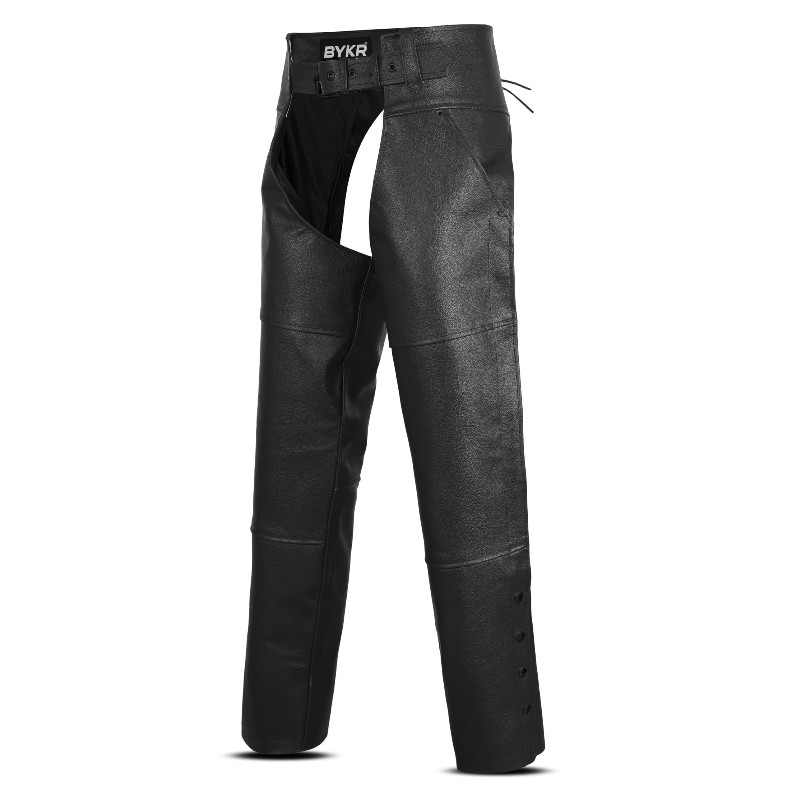 BYKR Leather Motorcycle Chaps for Men & Women Overpants Cowboy Riding Biker Vintage Chap Pants Adjustable Waist & Length (Black, 40 Inch)