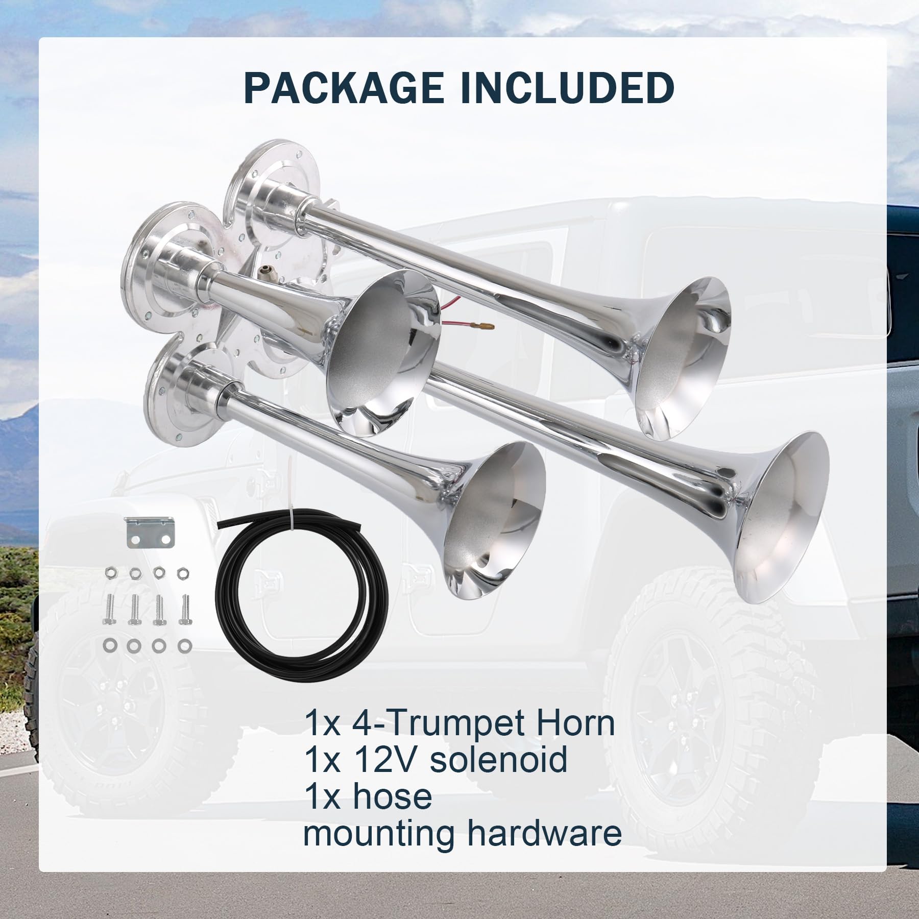 4 Trumpet Train Air Horn with 12V Electric Solenoid Universal 12 Volt Horns Loud 4 speakers ultra loud dB suitable for trucks SU