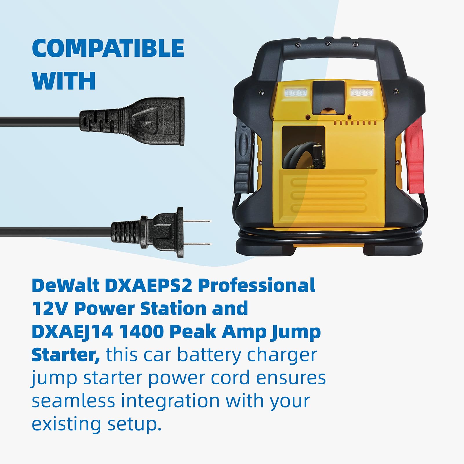 2-Prong 120V 60Hz 13W AC Power Cord for DeWalt DXAEJ14 1400 Peak Amp Car Jump Starter, Car Jump Starter Outlet Socket Charger Ca