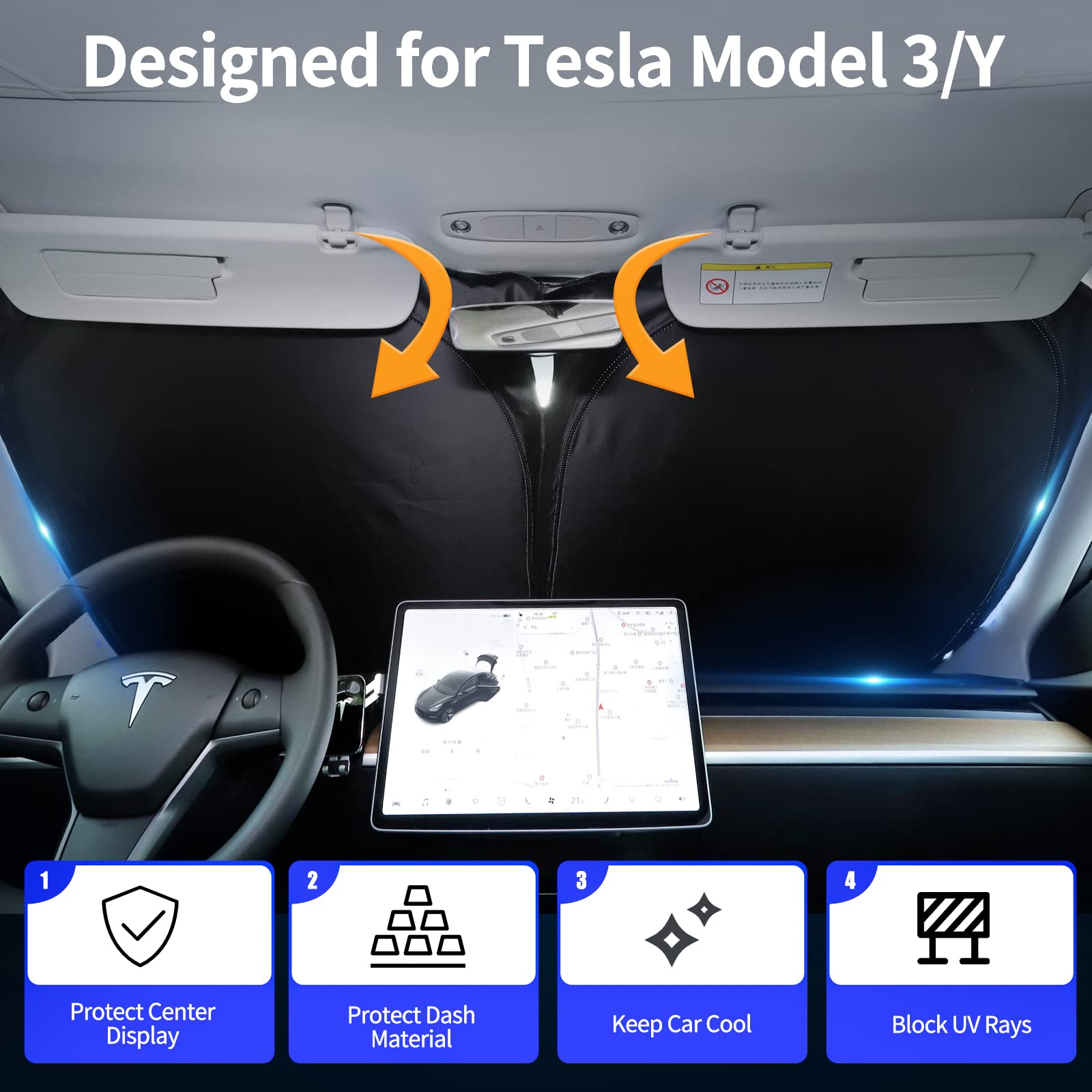 Upgraded Sunshade for Tesla Model 3/Y Windshield, Improved UV Protection Fabric, Metal Frame, Full-Size Foldable Front Sun Shade