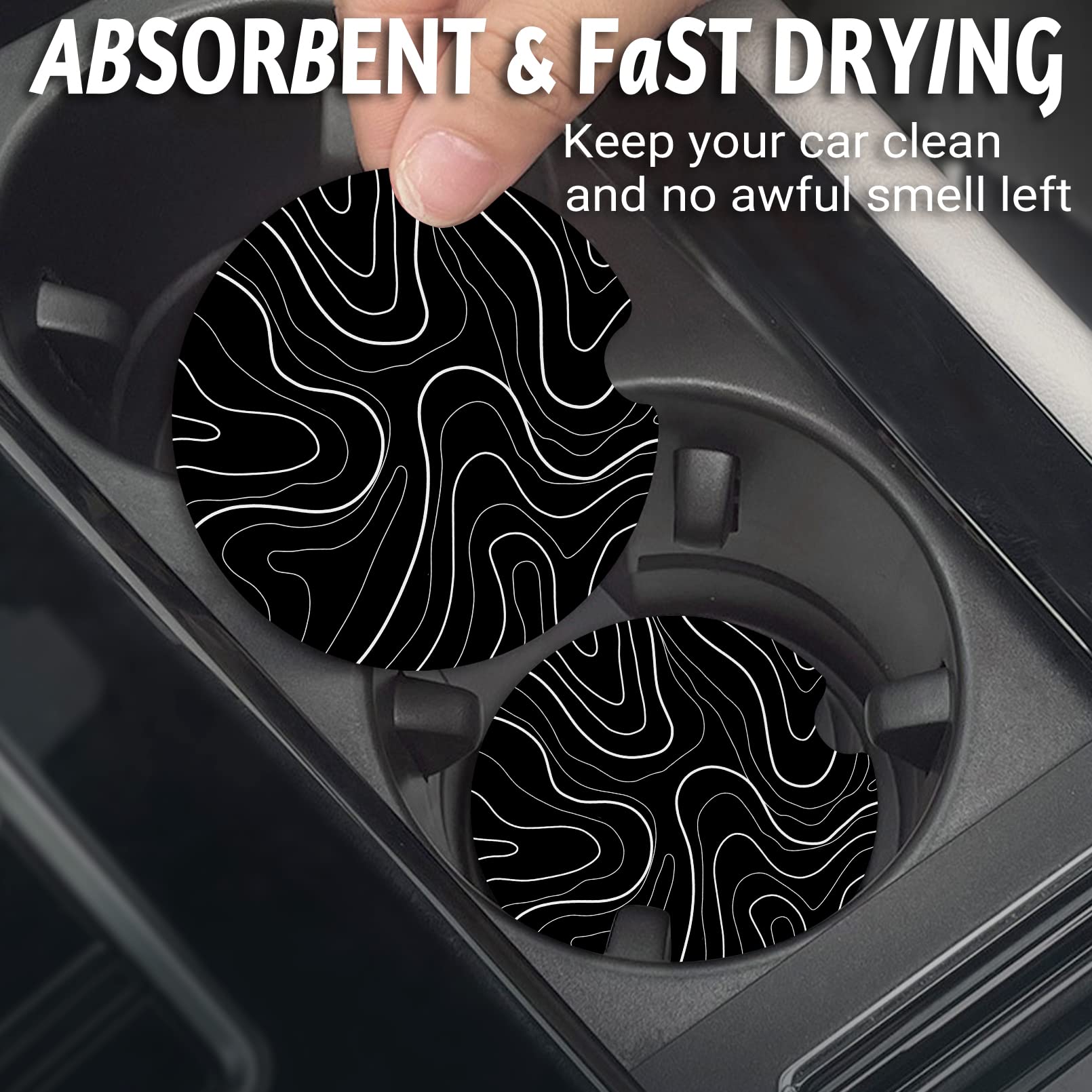 Topographic Anti-Slip Rubber Car Cup Mat with 2 Pack Cup Holder Coasters for Men & Women, Cute Interior Accessories
