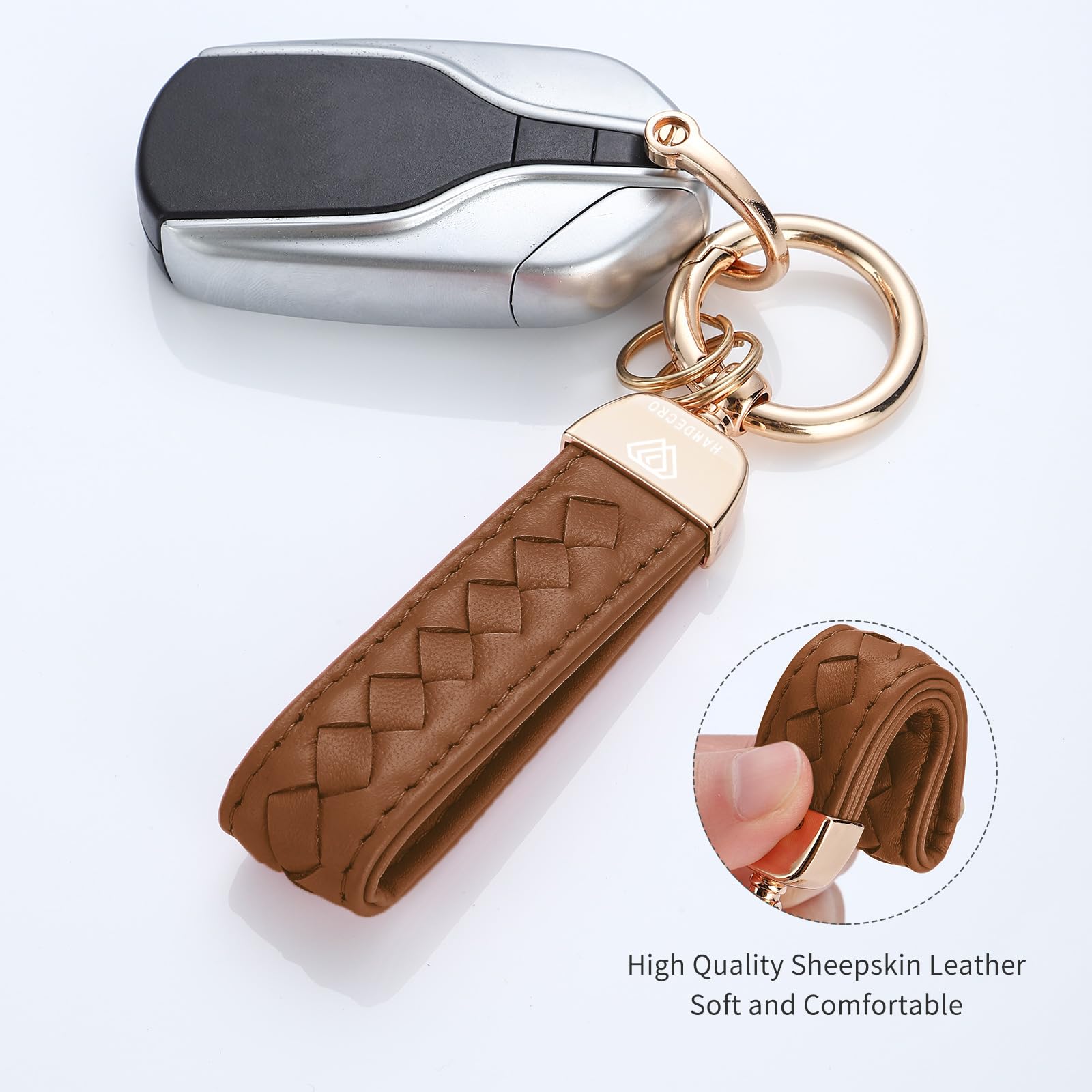 Genuine Leather Car Keychain, Handmade Knit Sheepskin Key Chains For Women, Universal Key Fob Holder With 360 Degree Rotatable,