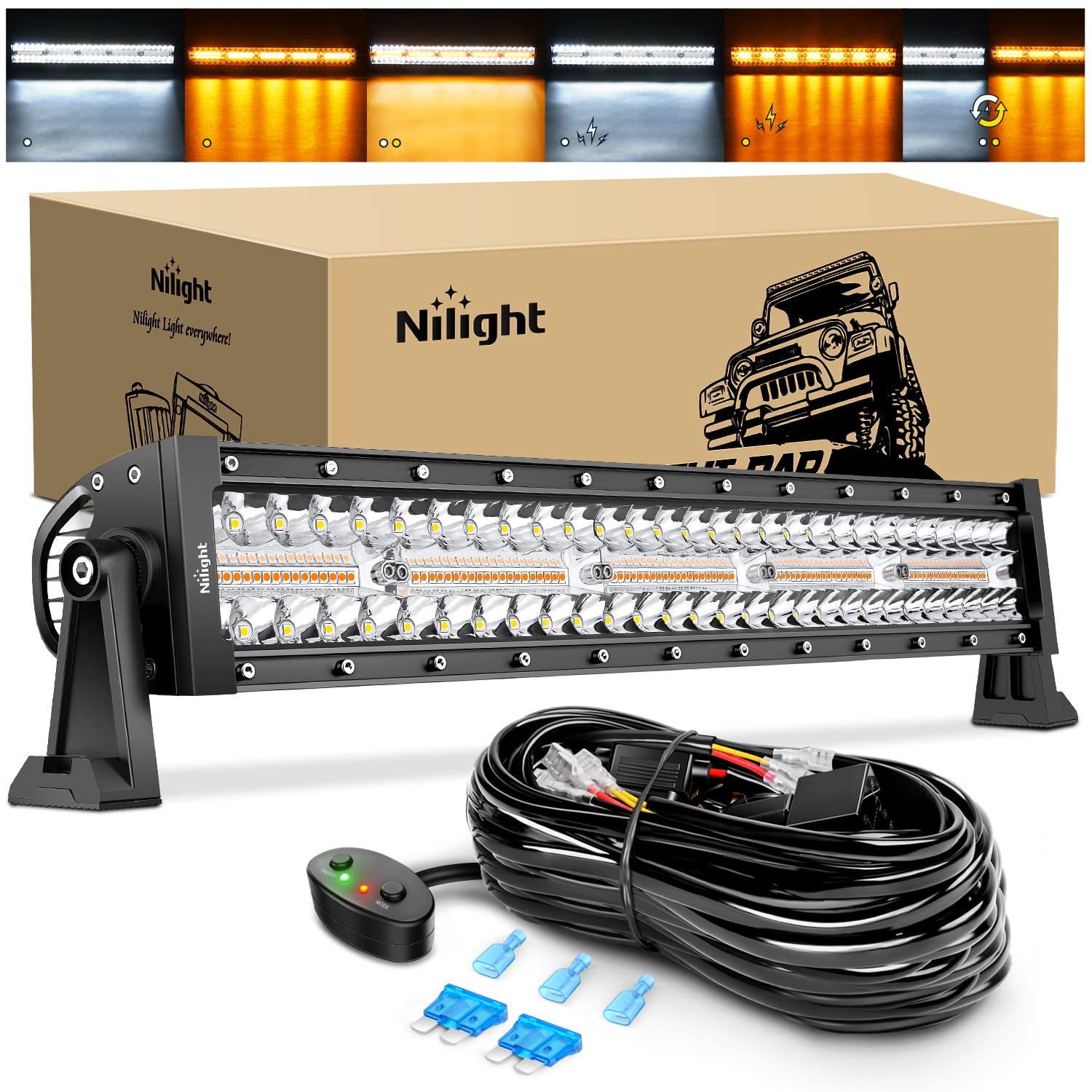 Nilight 22Inch 480W Led Light Bar Spot Flood Amber White Strobe 6 Modes Memory Function Reset Function Off-Road Truck Car Atv Su