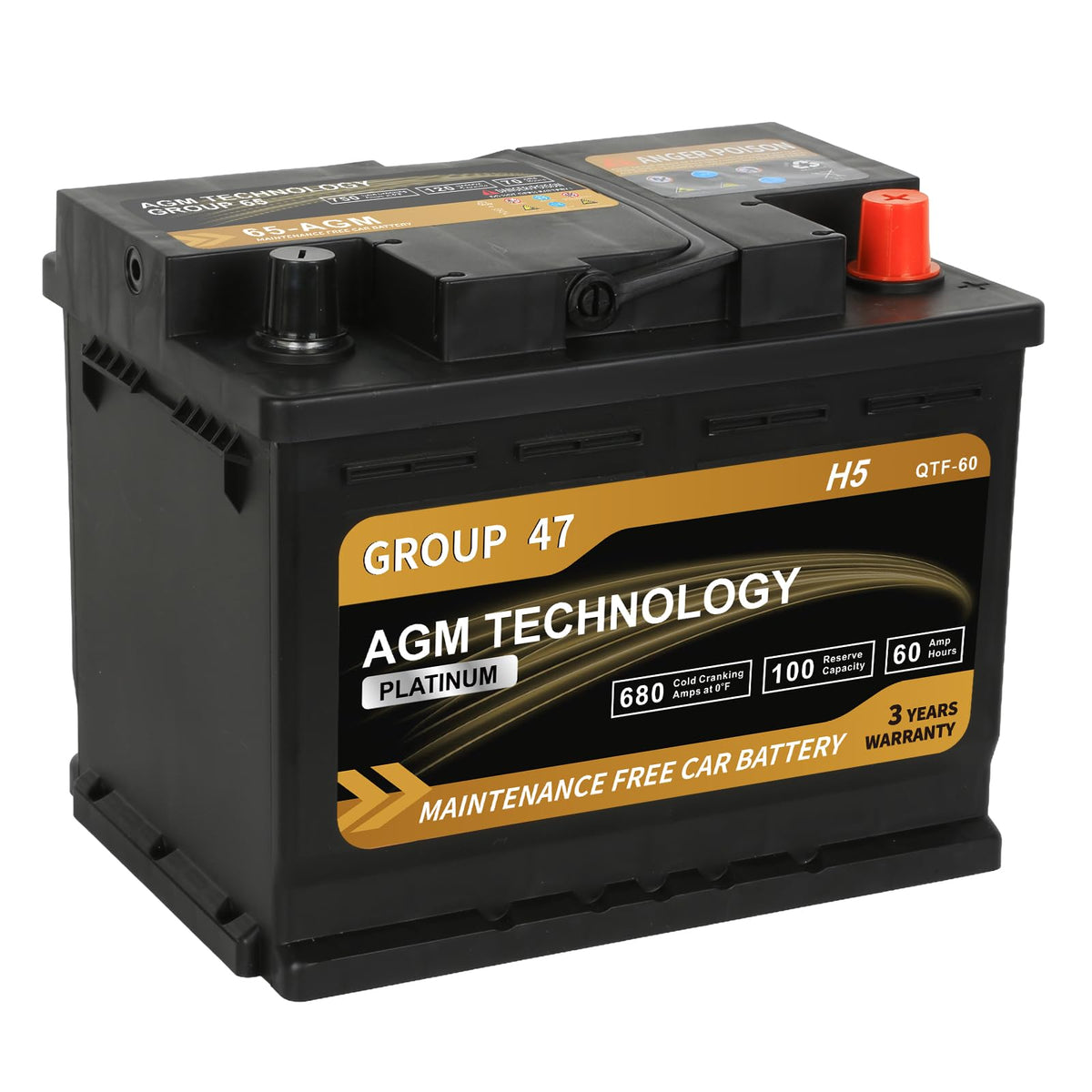 Daakmax Platinum Agm Car Battery Group Size 47 H5, 12V 60Ah, 680 Cca ...
