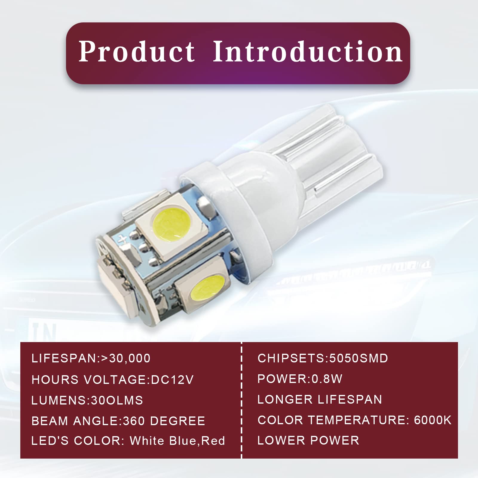 Rboko 10Pcs 194 Led Light Bulb 6000K Wedge T10 Led Bulb 5Smd 5050 Chips, 168 T10 2825 5Smd Dc 12V Replacement Bulbs For Car Dome