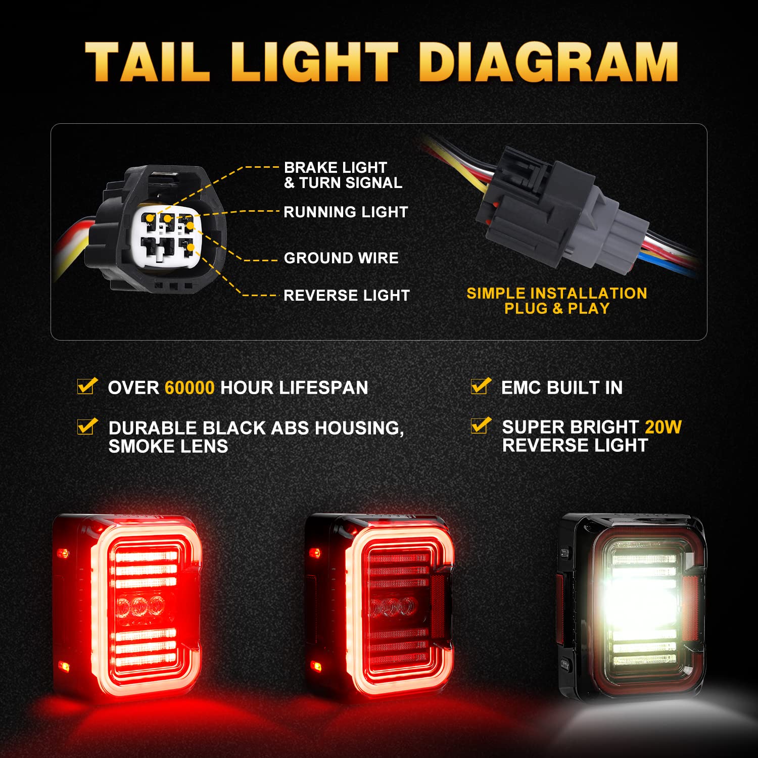 Dot Approved Smoke Lens Led Tail Lights With 20W Reverse Lights For 2007-2017 Jeep Wrangler Jk&Jku Brake Reverse Light Rear Back