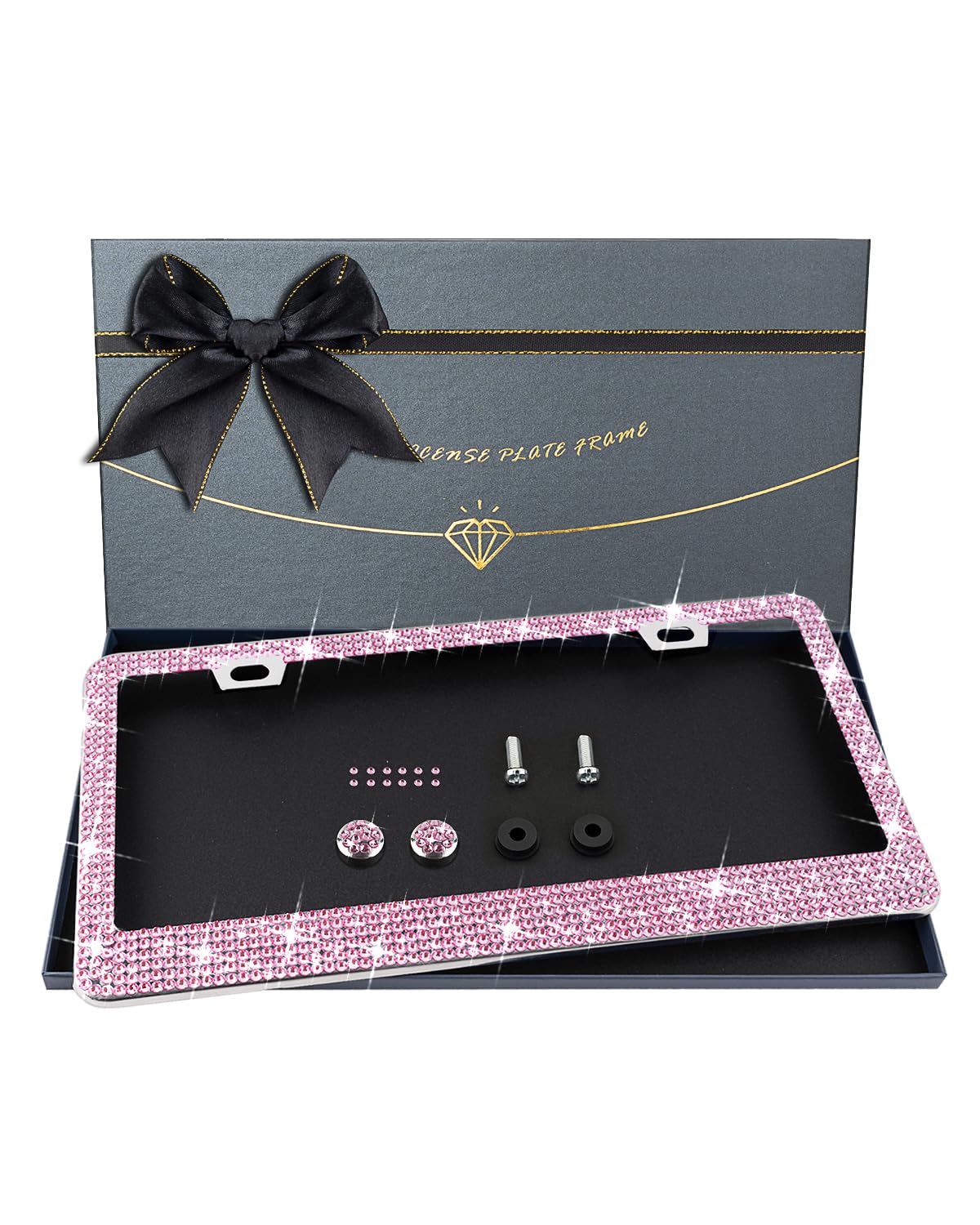 Xclpf Bling Pink License Plate Frames For Women,Handcrafted Clear Glass Diamond Rhinestone Crystals,1 Pcs Sparkly Stainless Stee