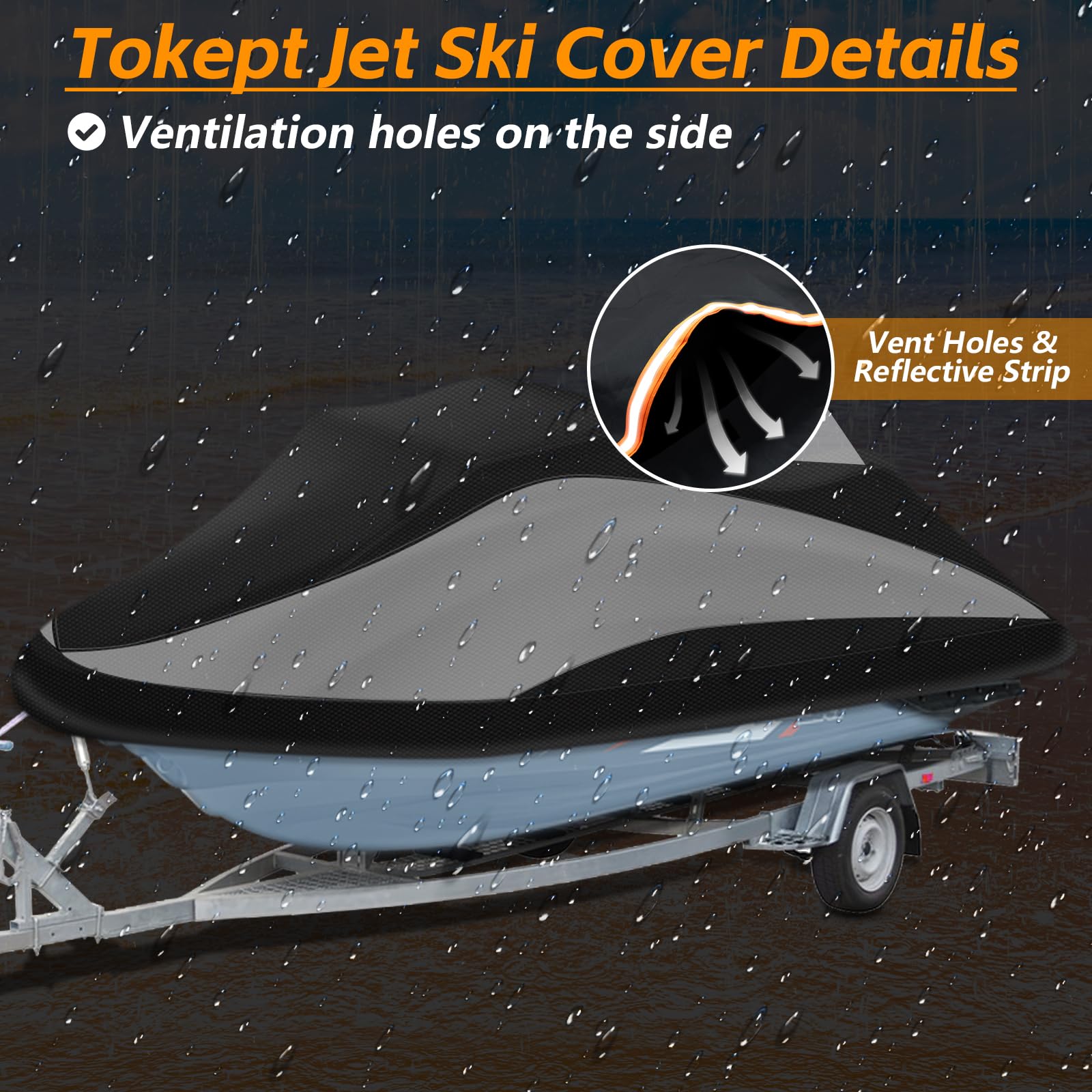 Tokept Trailerable Jet Ski Cover, 300D Heavy Duty Waterproof Pwc Cover With Reflective Strip Vents, Fits Seadoo, Yamaha, Gtx, Ka