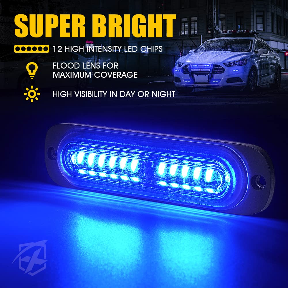 Xprite Blue Led Surface Mount Strobe Police Lights Kit, Emergency Safety Warning Flashing Grille Cop Marker Light For Volunteer