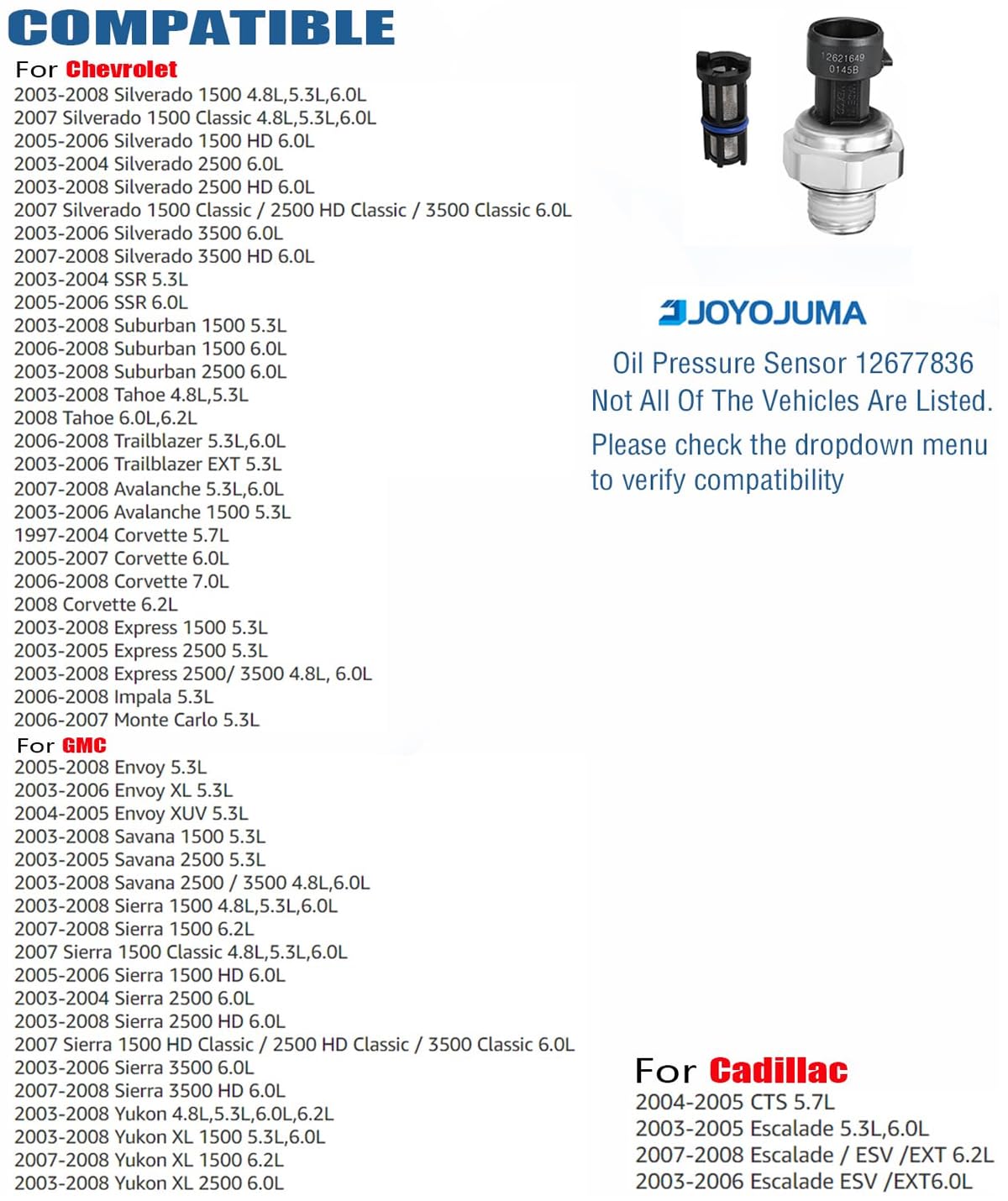 12677836 Oil Pressure Switch/Sensor/Sending Unit For 2003-2008 Chevrolet Chevy Silverado Gmc Sierra Buick Lacrosse Cadillac Esca