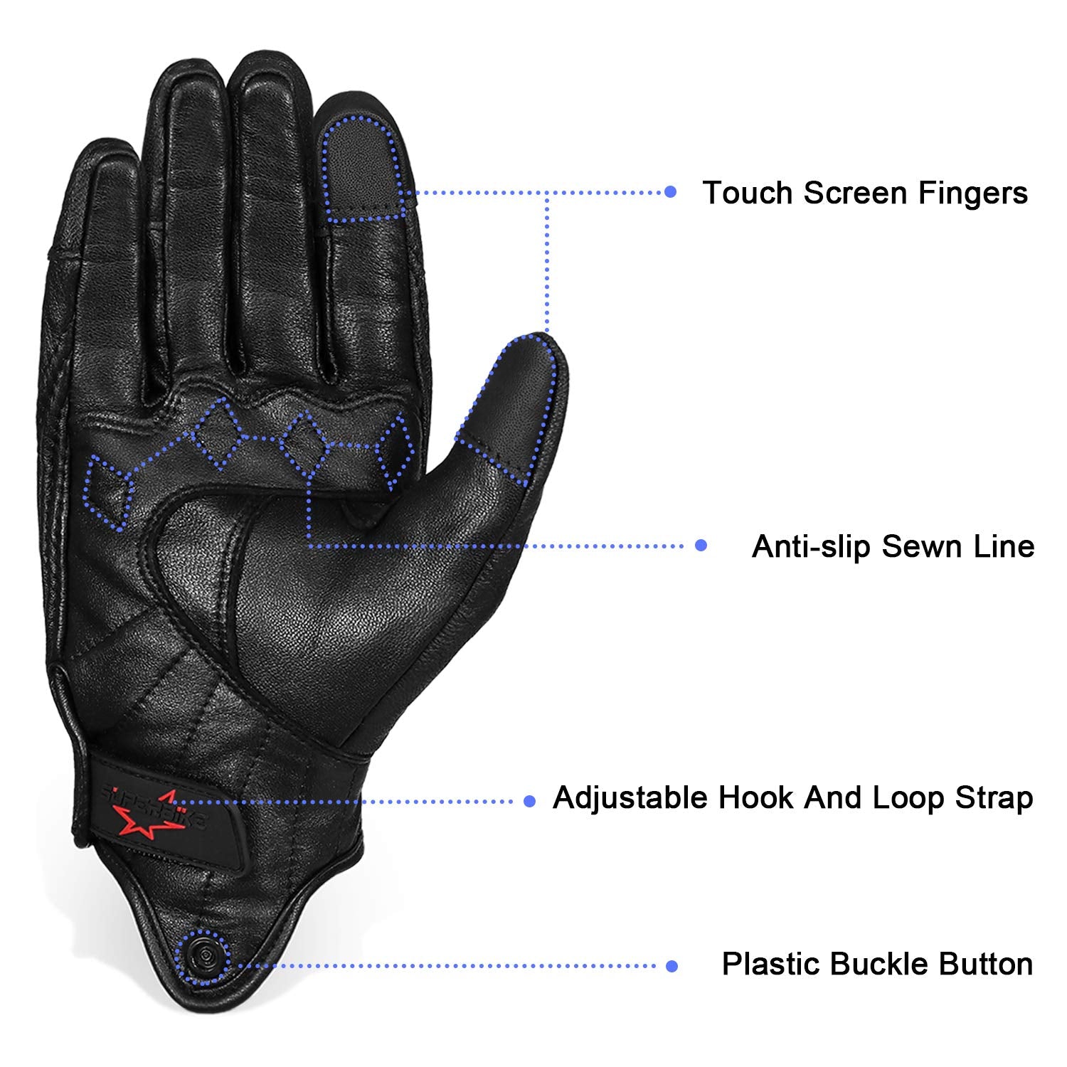 Superbike Full Finger Goat Skin Leather Motorcycle Gloves - Large, Non-Perforated, Model G01